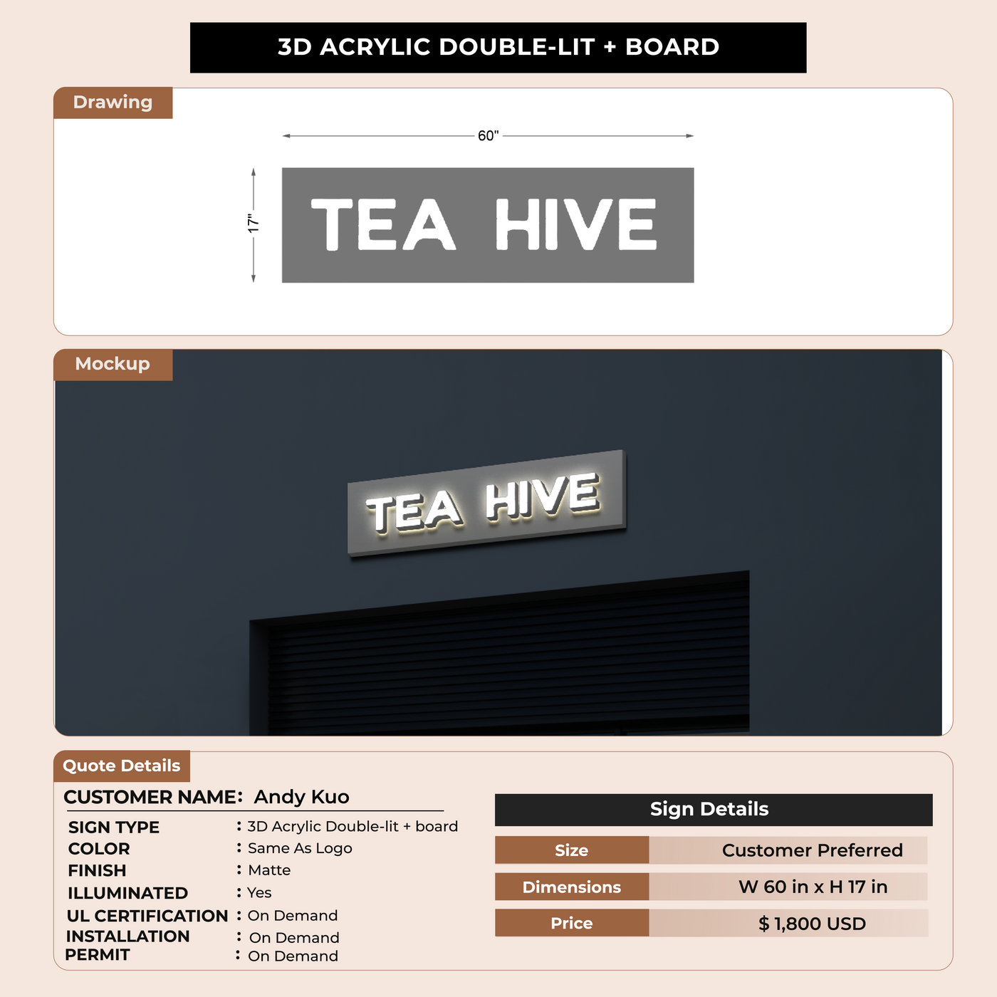 3D Acrylic Double-Iit+Board Signs For Andy Kuo