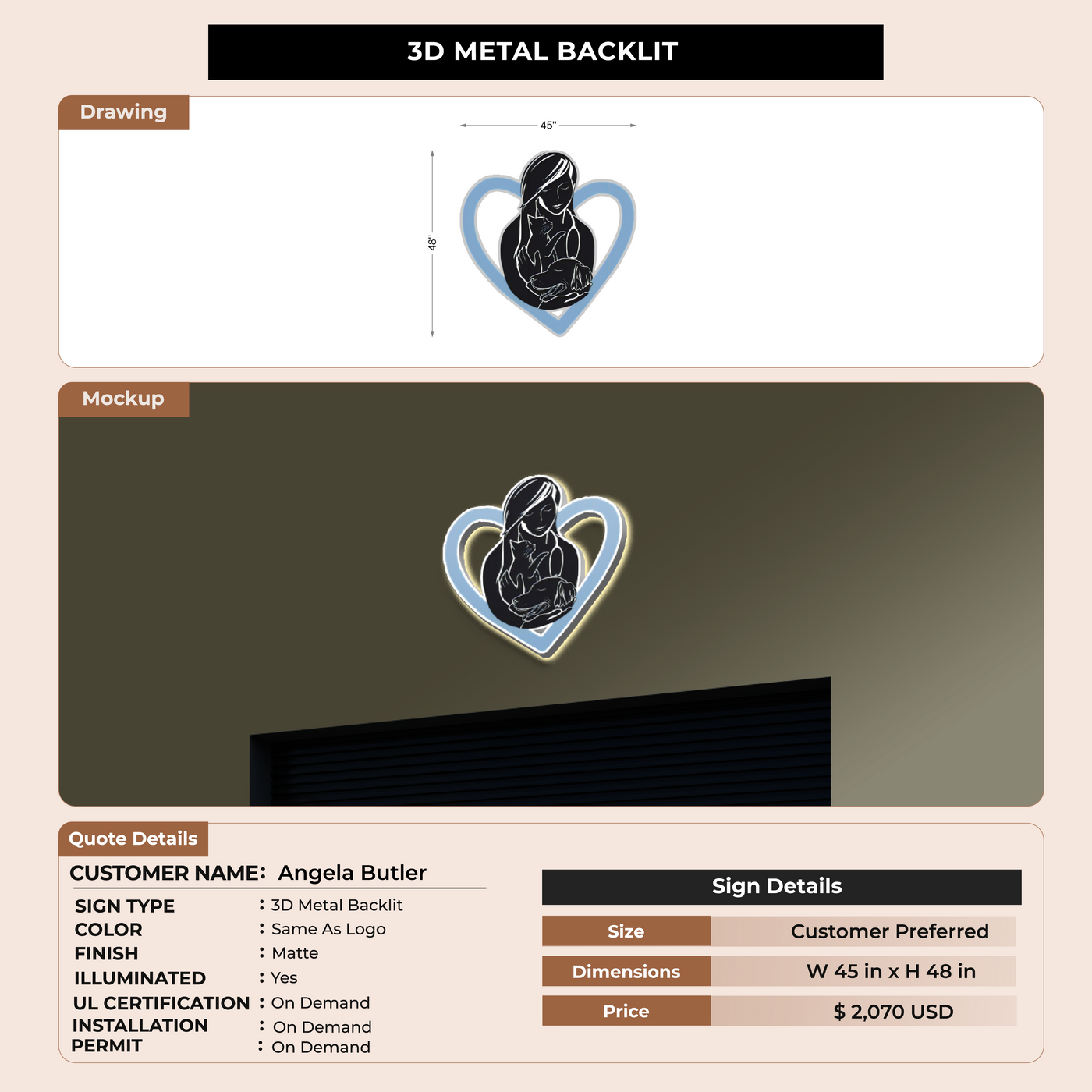 3D Metal Backlit Sign for Angela Butler