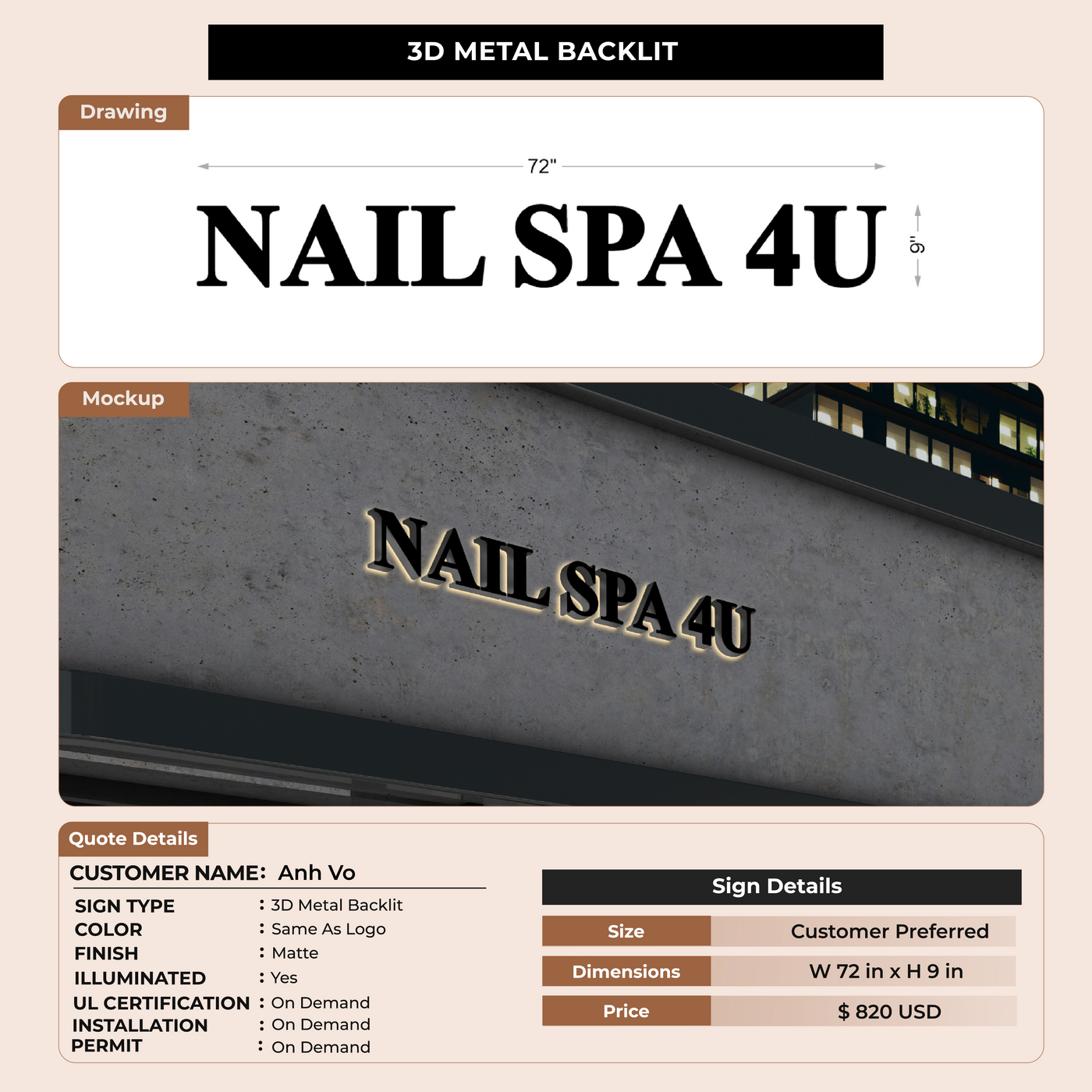 3D metal backlit for SIGN FOR Anh Vo