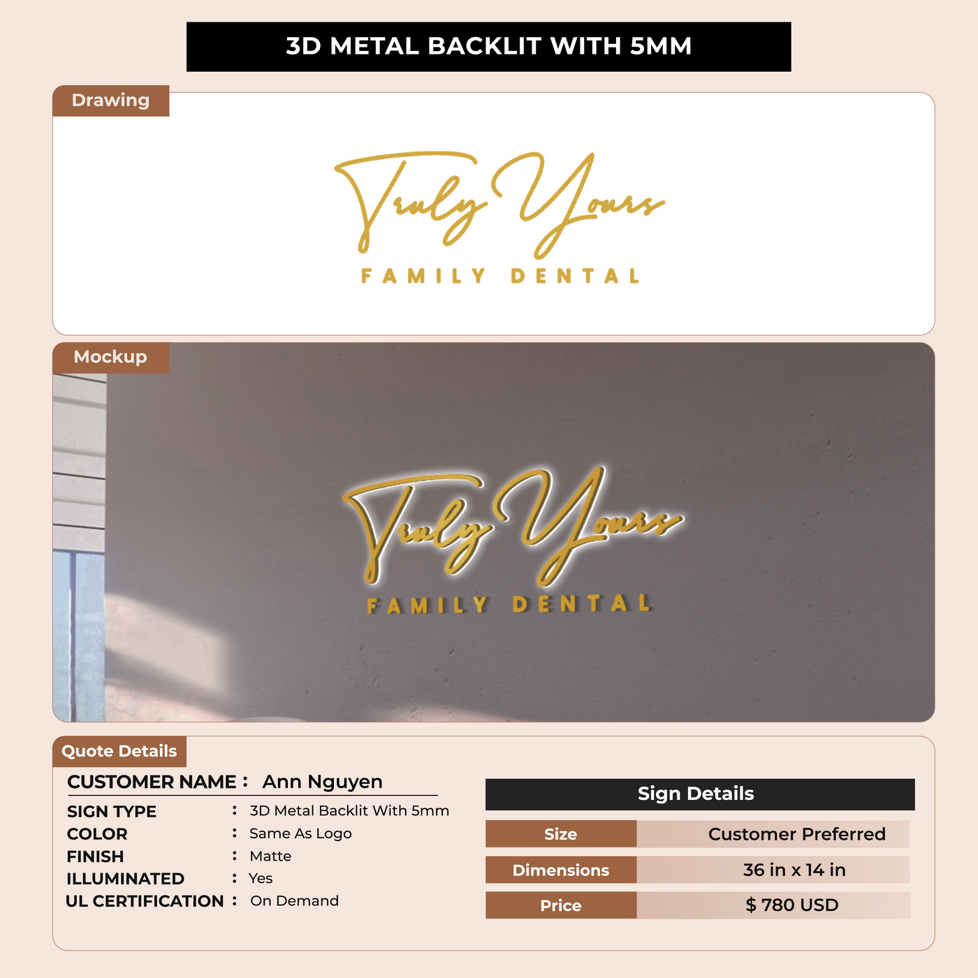 3D UV Metal Backlit Sign for Ann Nguyen