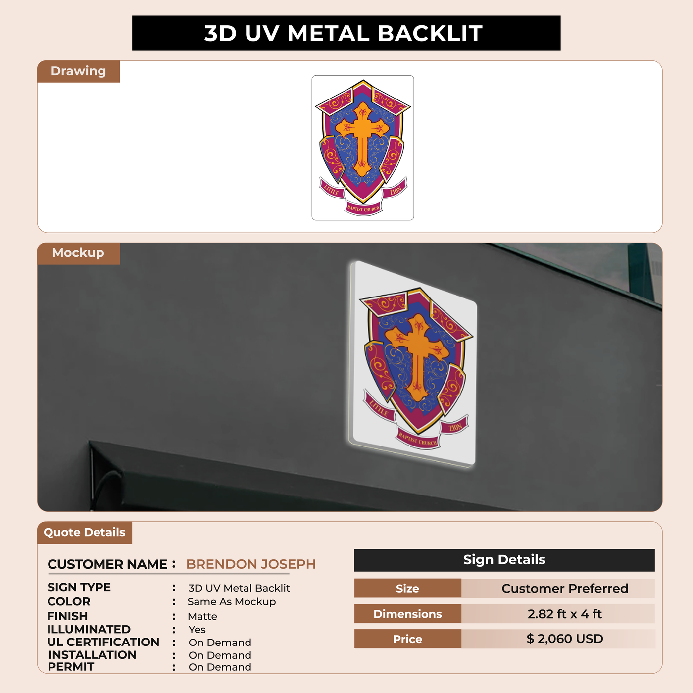 3D UV Metal Backlit Sign for BRENDON JOSEPH
