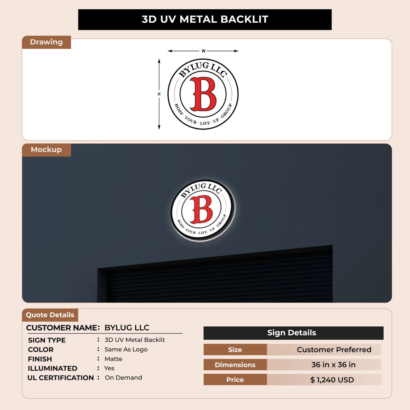 3D UV Metal Back-lit Sign For BYLUG LLC