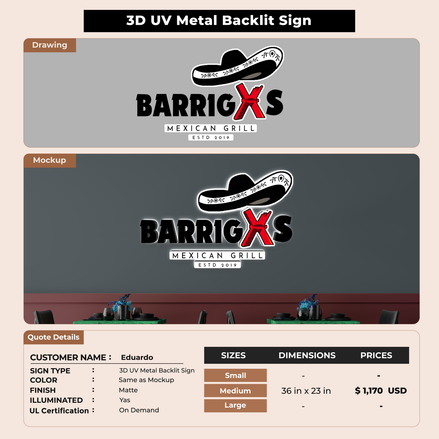 3D UV Metal Back-lit Sign For Eduardo