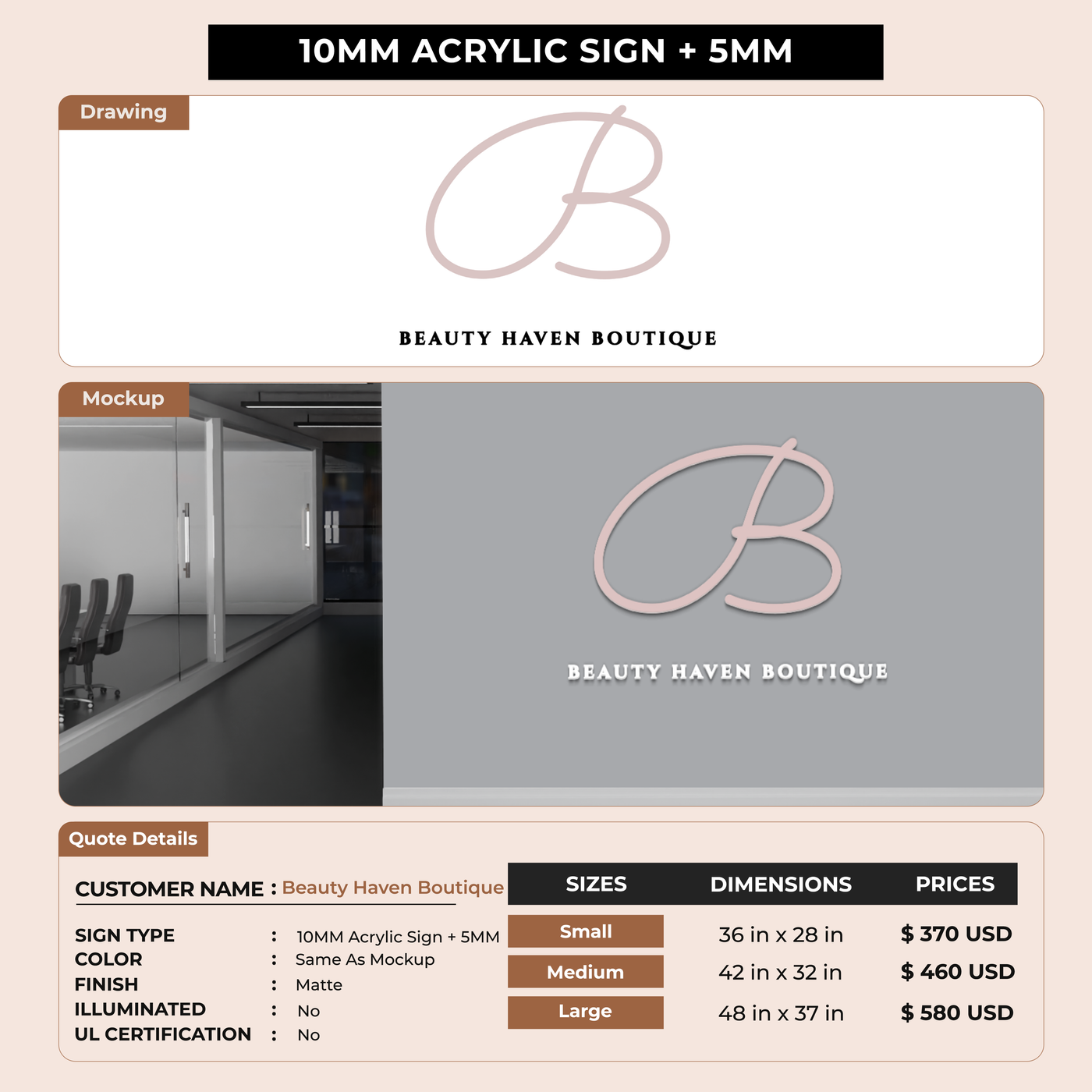 10mm acrylic sign for Beauty Haven Boutique