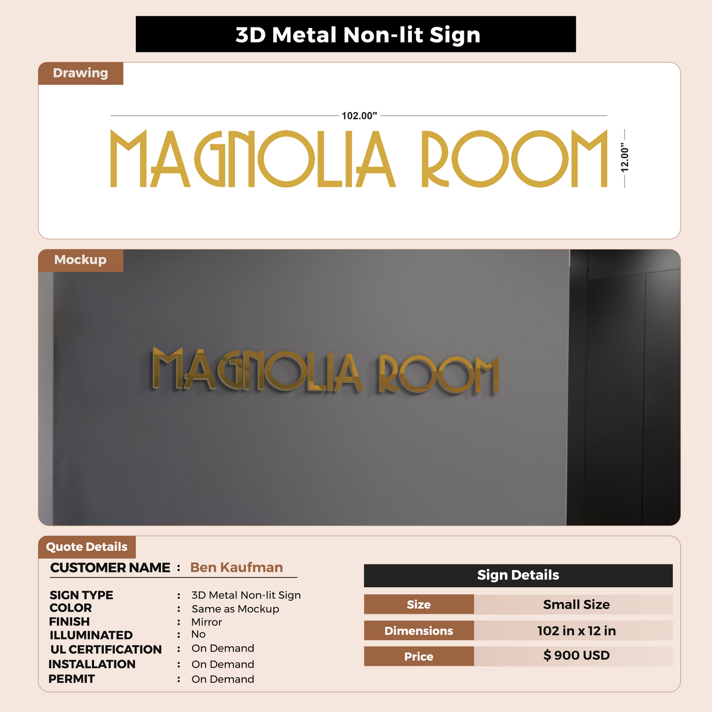 3d metal non-lit sign for Ben Kaufman