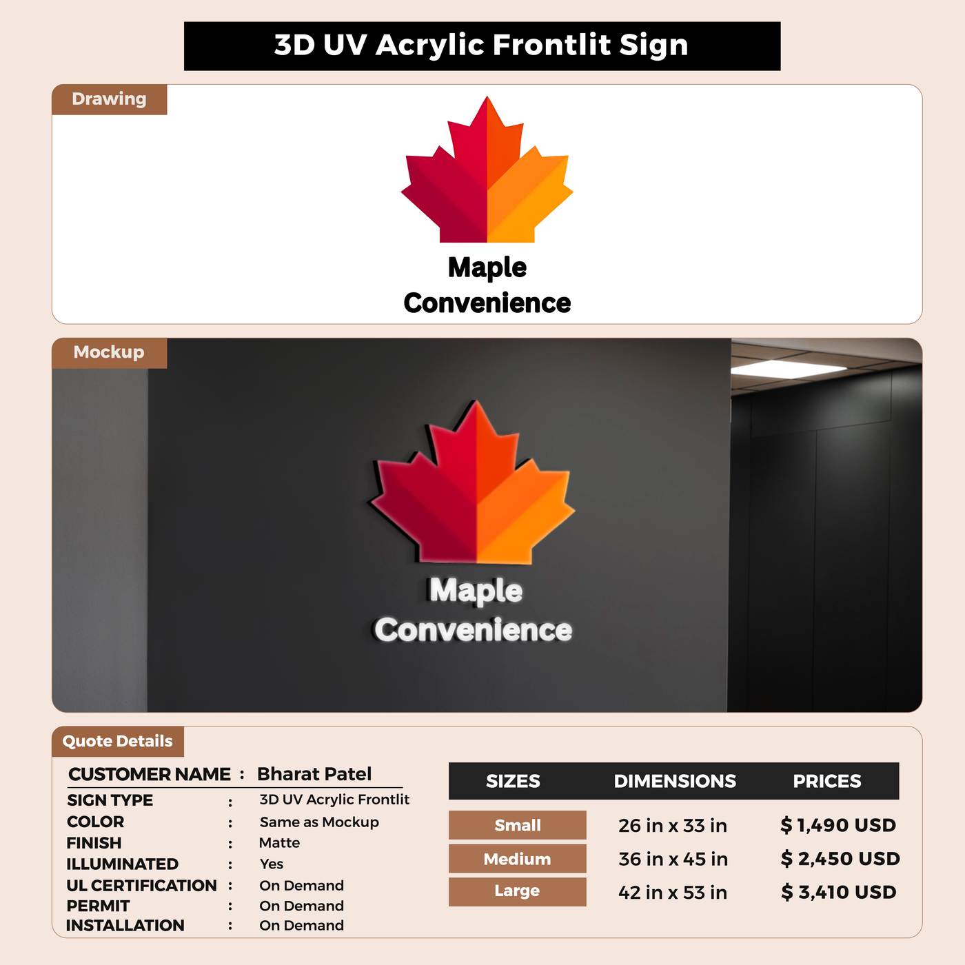 3d acrylic frontlit sign for Bharat Patel