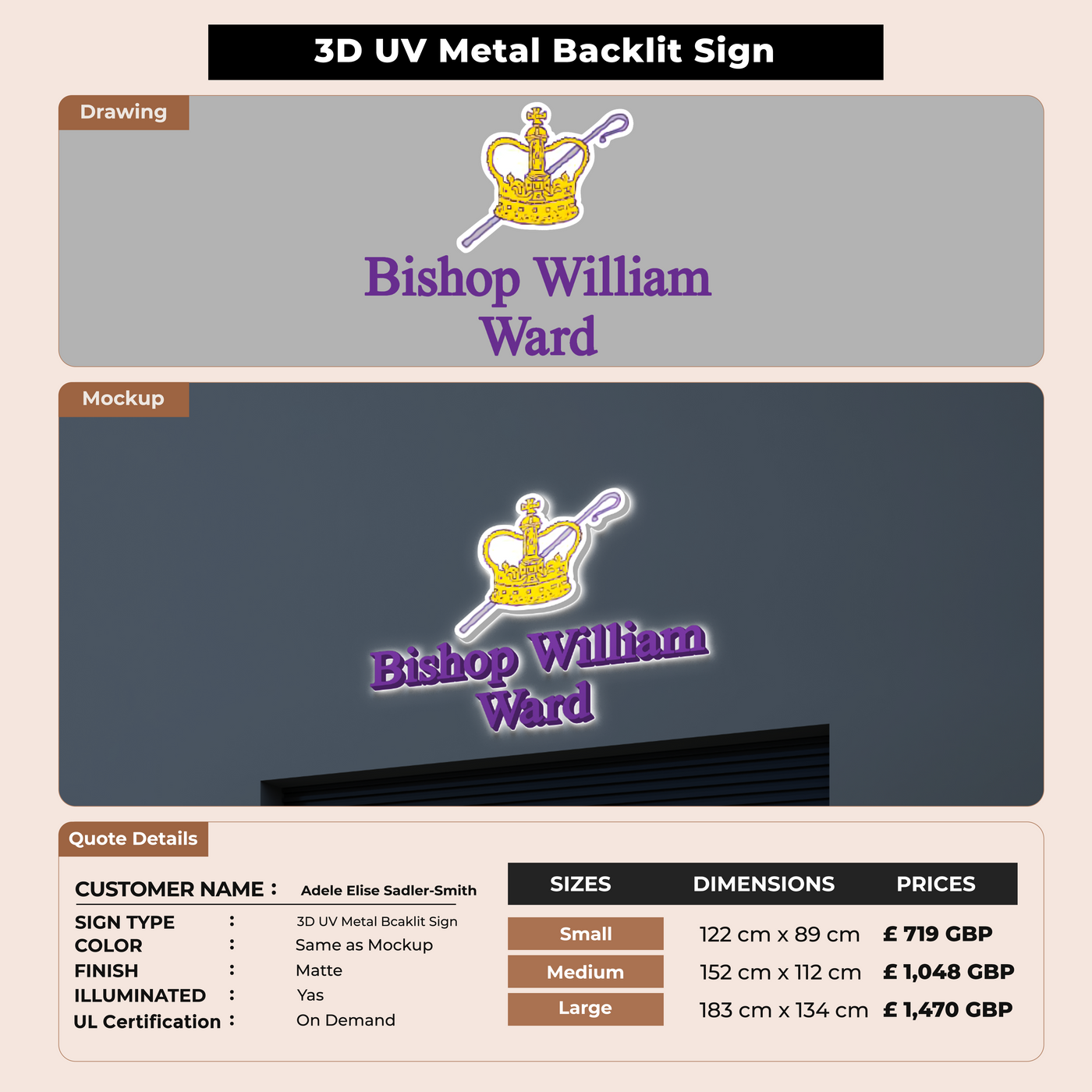 3D UV Metal Backlit Sign For Adele Elise Sadler-Smith