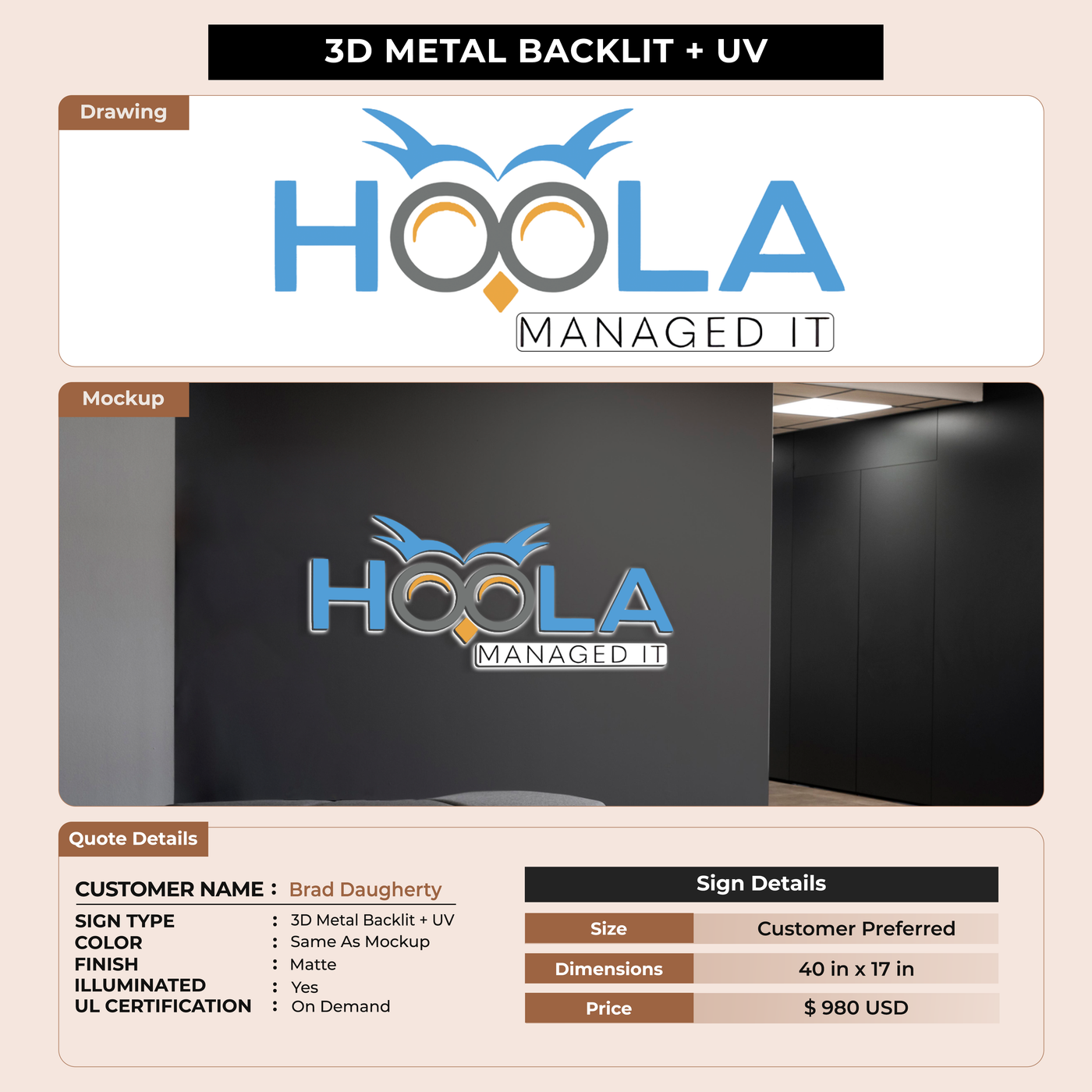 3D Metal Backlit Sign fot Brad Daugherty
