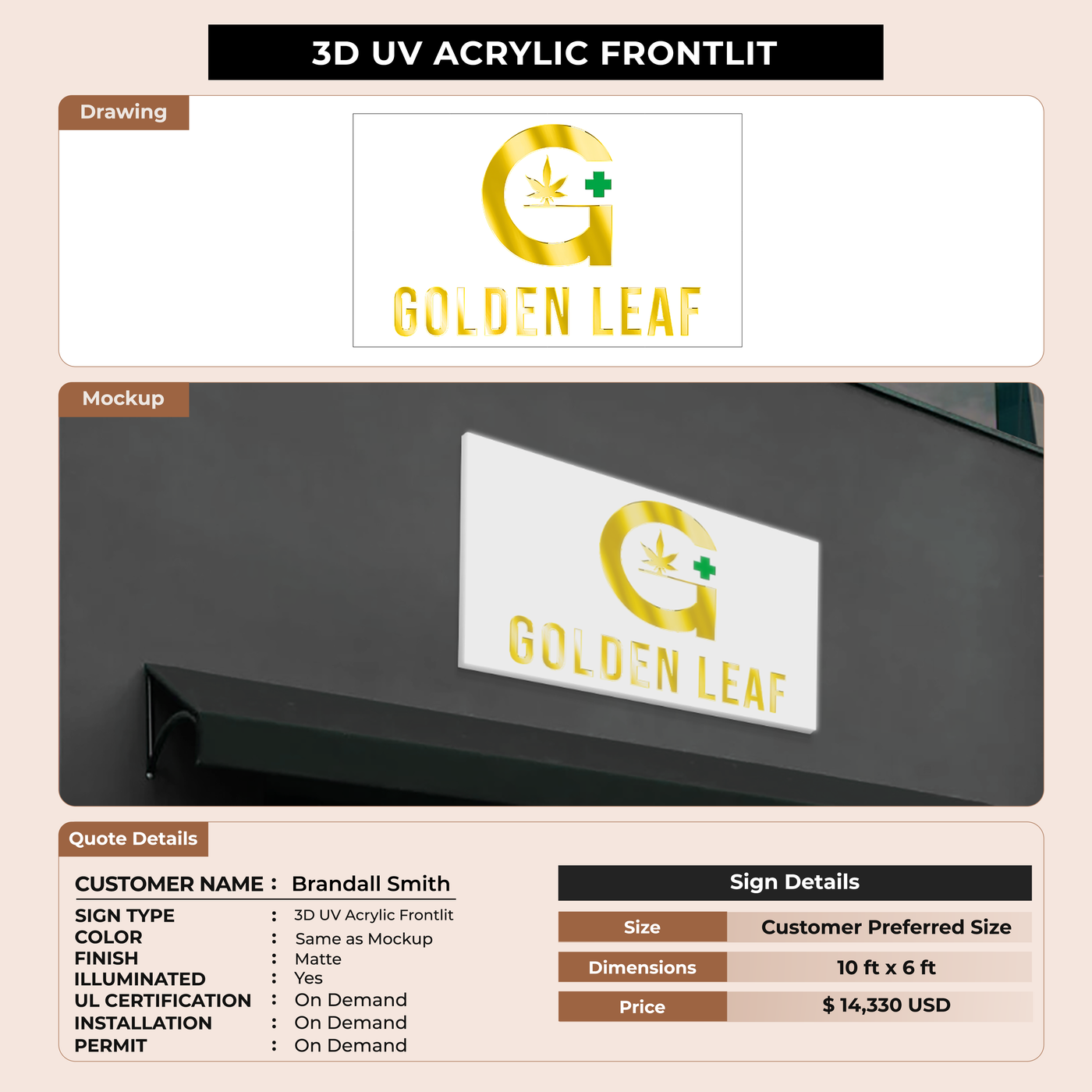 3D UV Acrylic Frontlit Sign for Brandall Smith