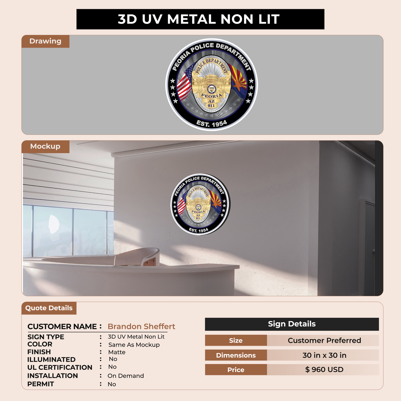 3D UV Metal Non Lit Sign for Brandon Sheffert