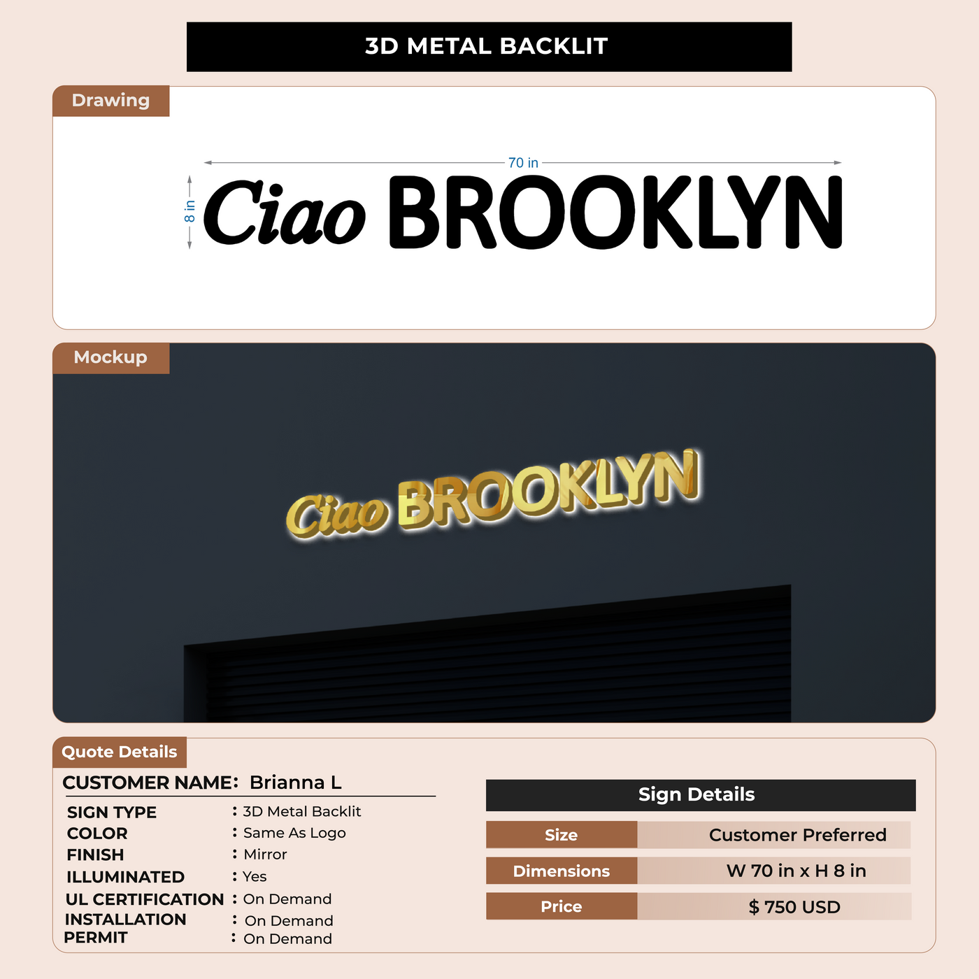 Metal Backlit Sign for Brianna L