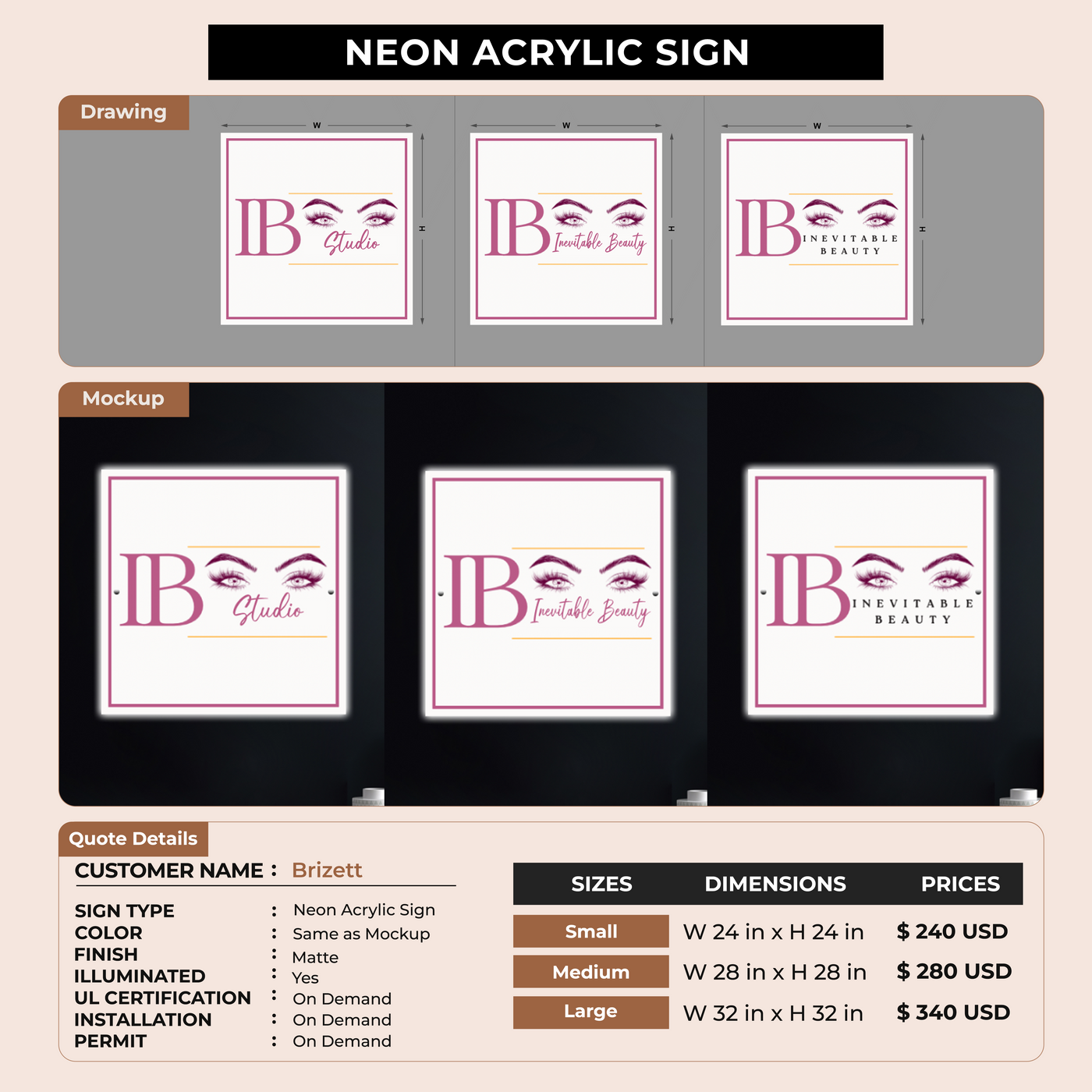 Neon Acrylic sign for Brizett