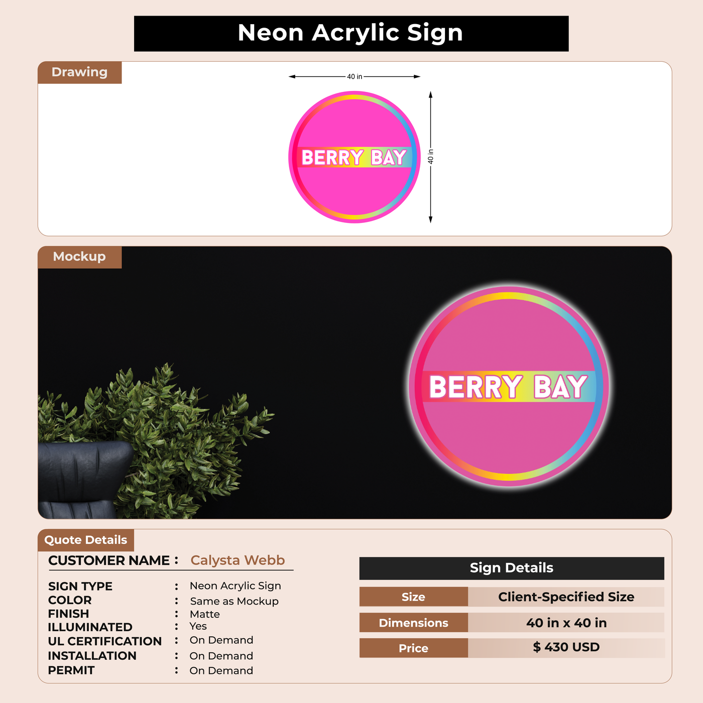 Neon Acrylic Sign for Calysta Webb