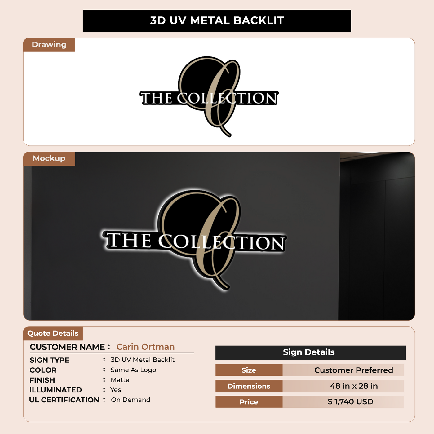3D UV Metal Backlit Sign for Carin Ortman