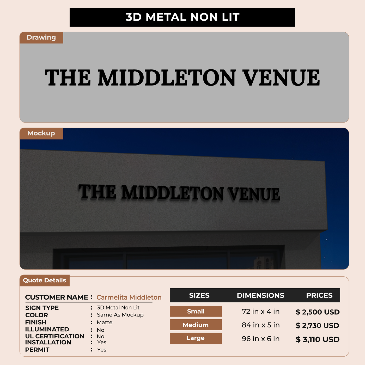 3D Metal Non-lit Sign For Carmelita Middleton