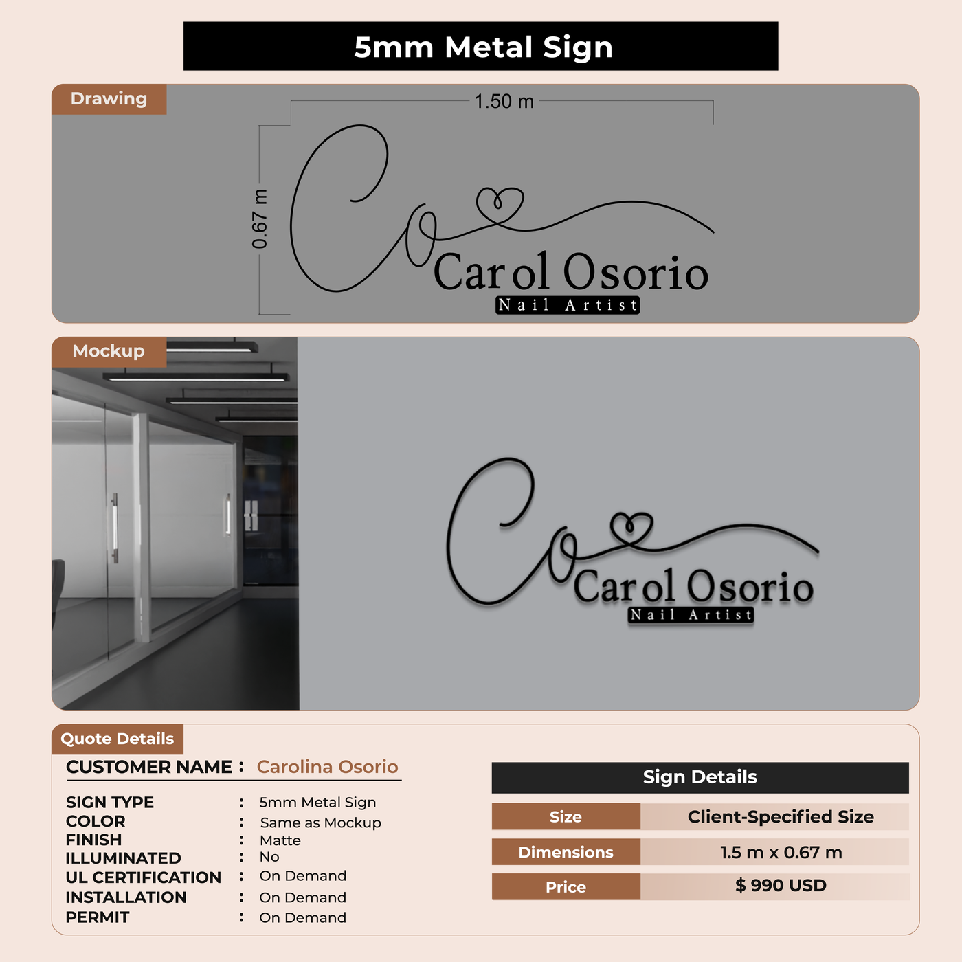 5mm metal sign for Carolina Osorio