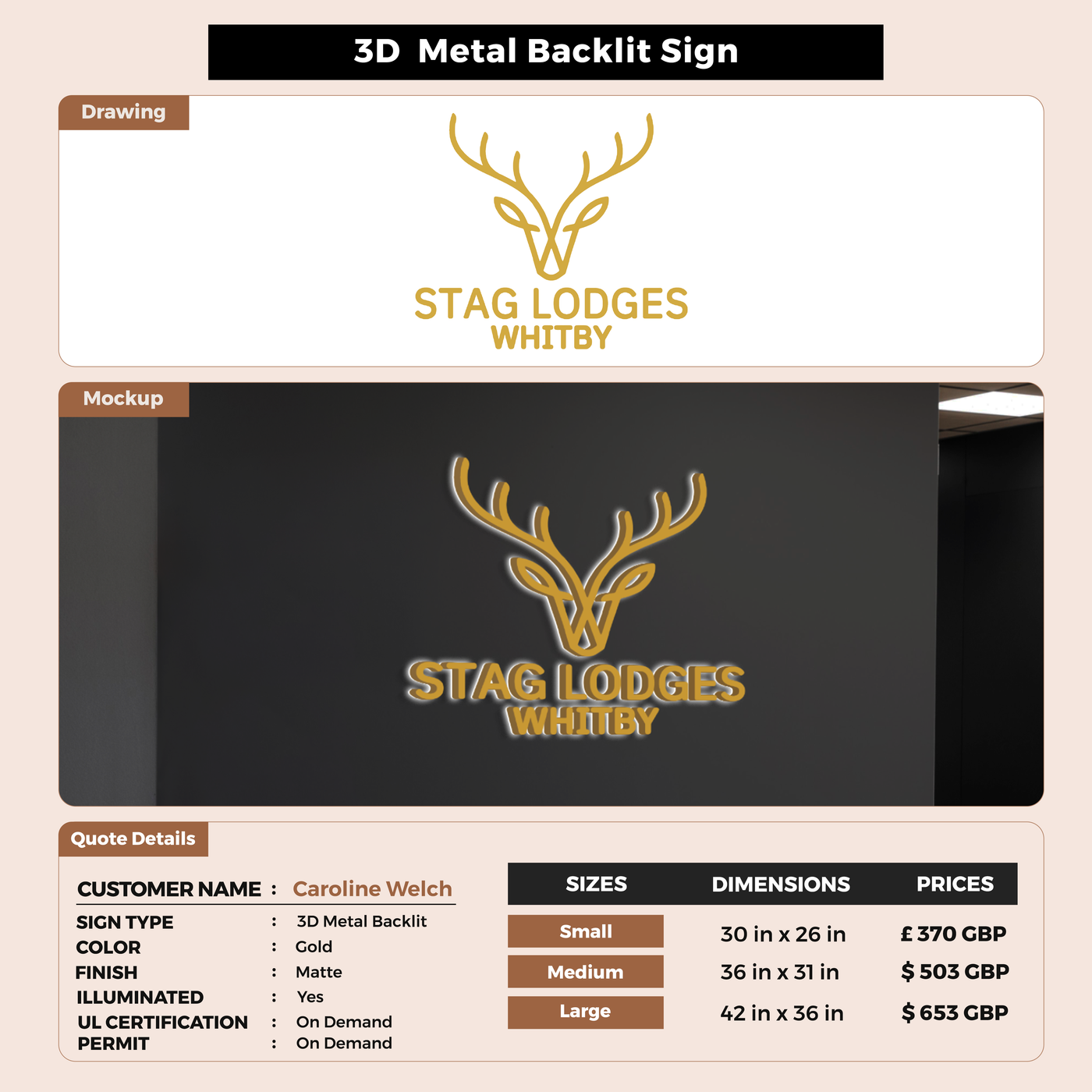 3D Metal Backlit Sign for Caroline Welch