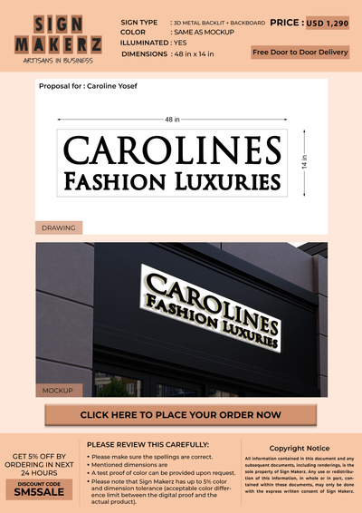 3d metal backlit with backboard for Caroline Yosef