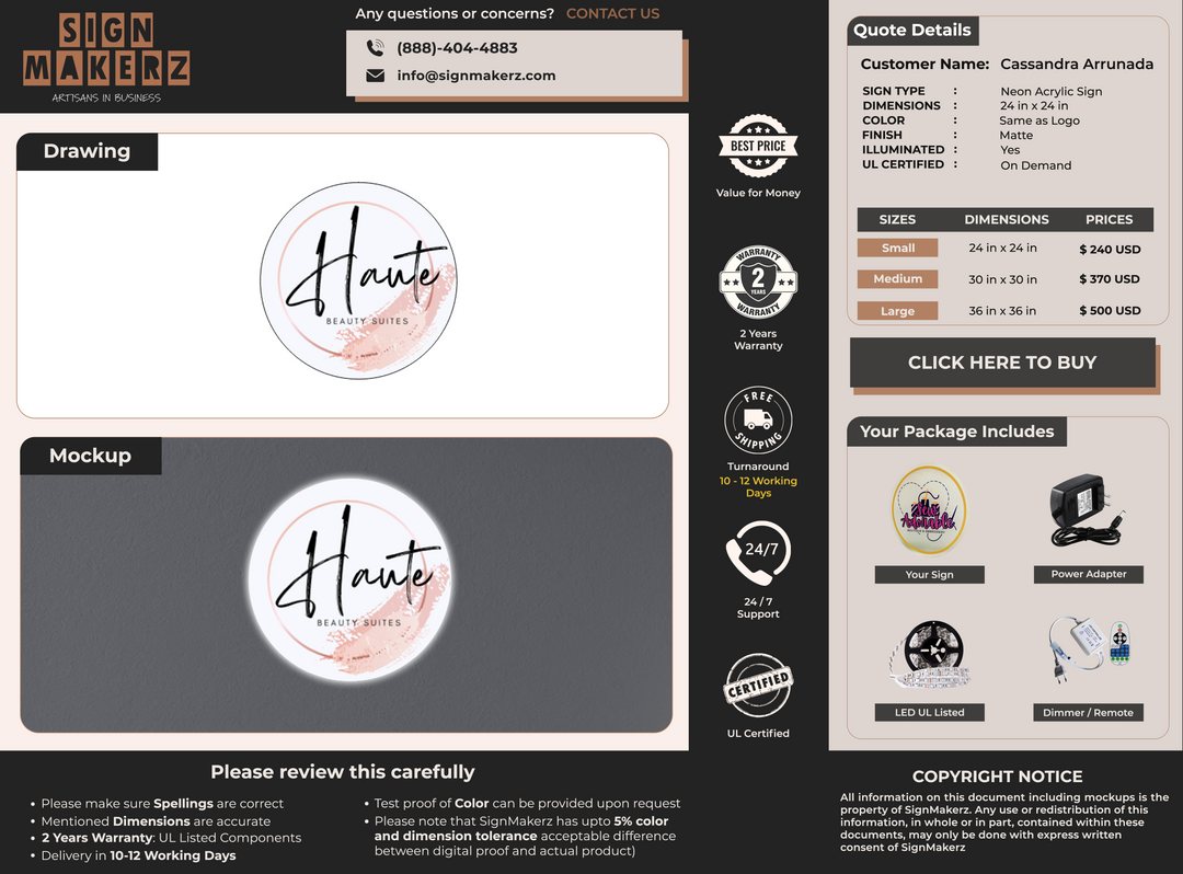 Neon acrylic sign for Cassandra Arrunada