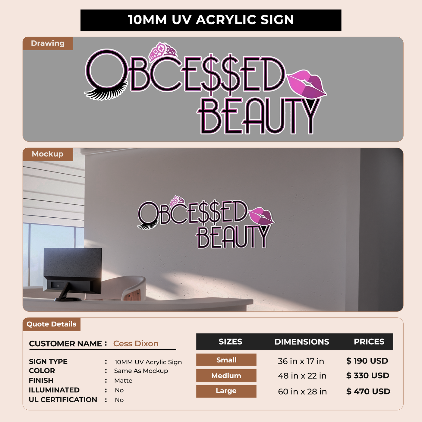10mm UV acrylic sign for Cess Dixon
