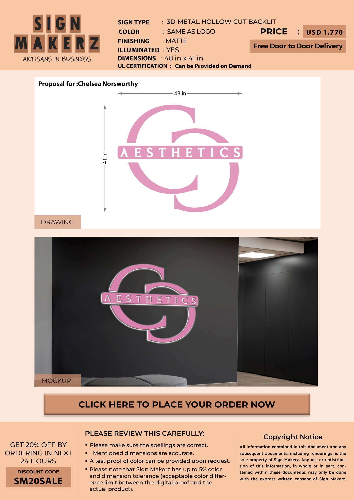 3D Metal Hollow Cut Backli sign for Chelsea Norsworthy