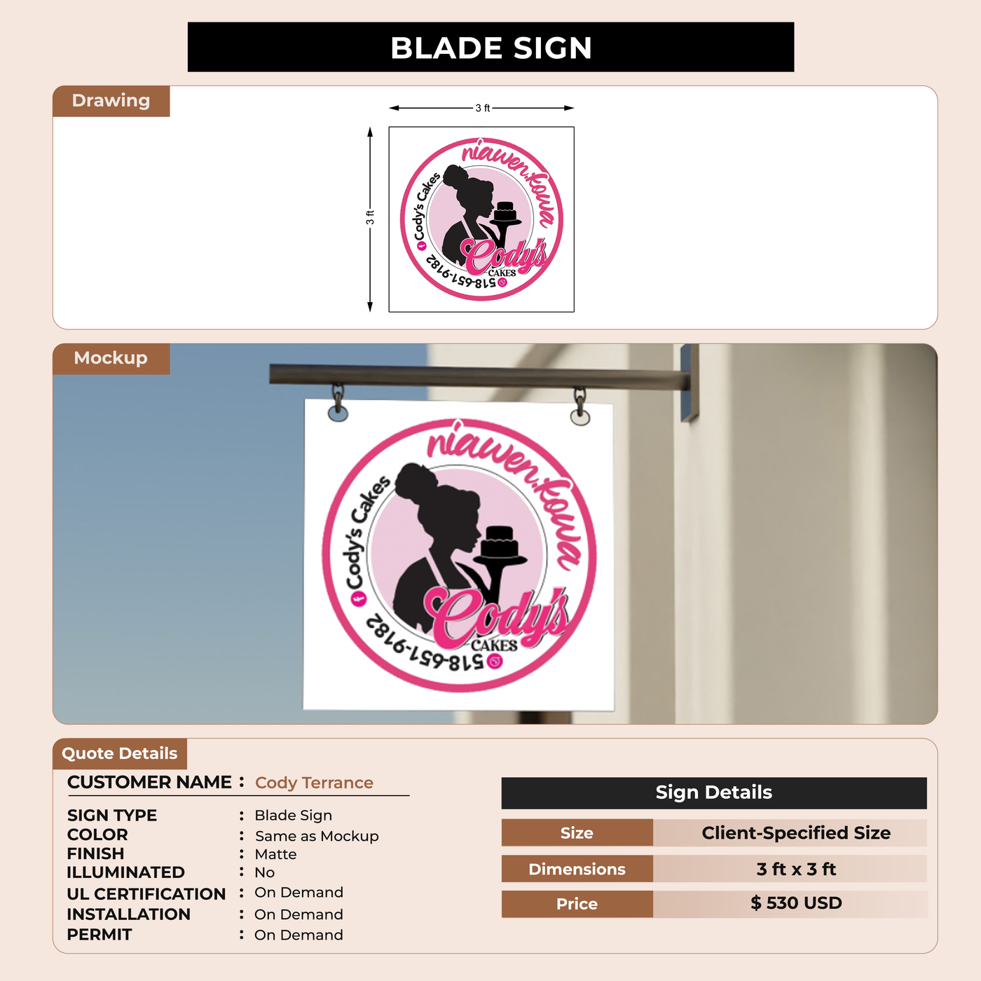 2d blade sign for Cody Terrance