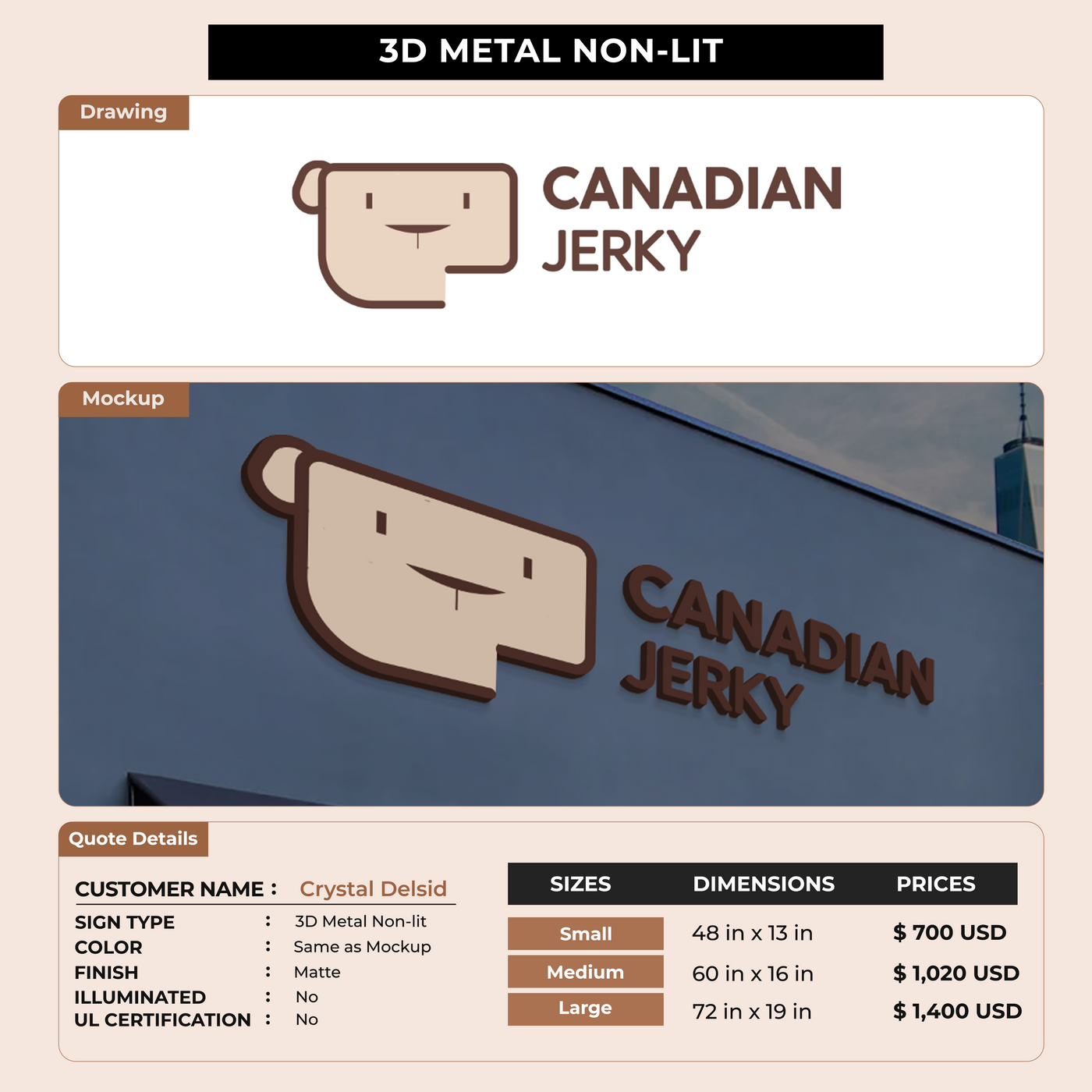 3D Metal Non Lit Sign for Crystal Delsid