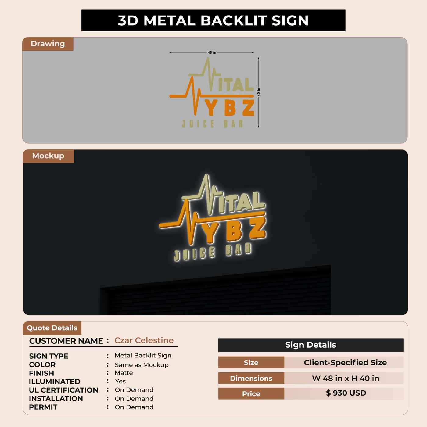3D Metal Backlit Sign for Czar Celestine