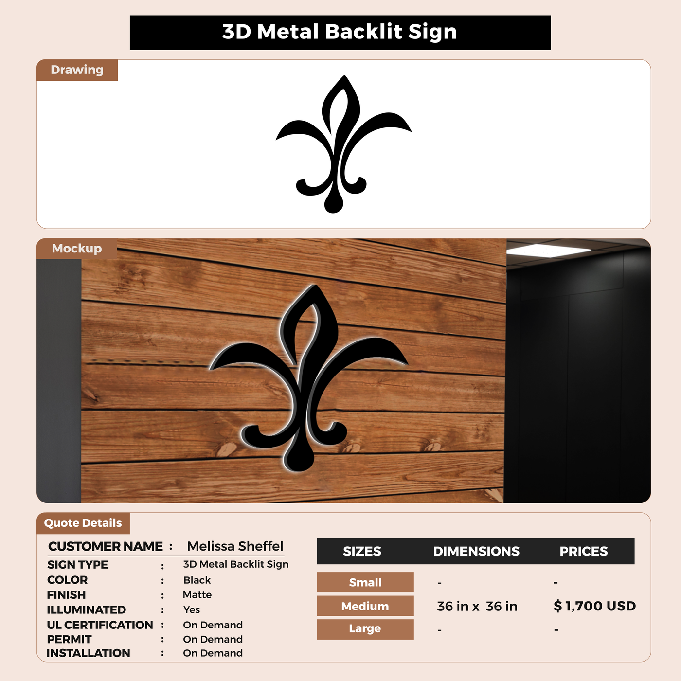 3D Metal Back lit Sign for Melissa Sheffel