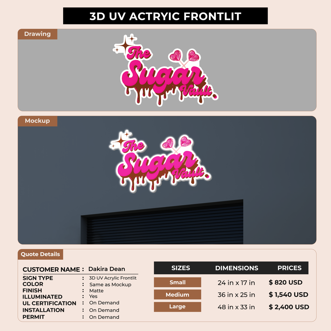 3D UV Acrylic Frontlit Sign for Dakira Dean