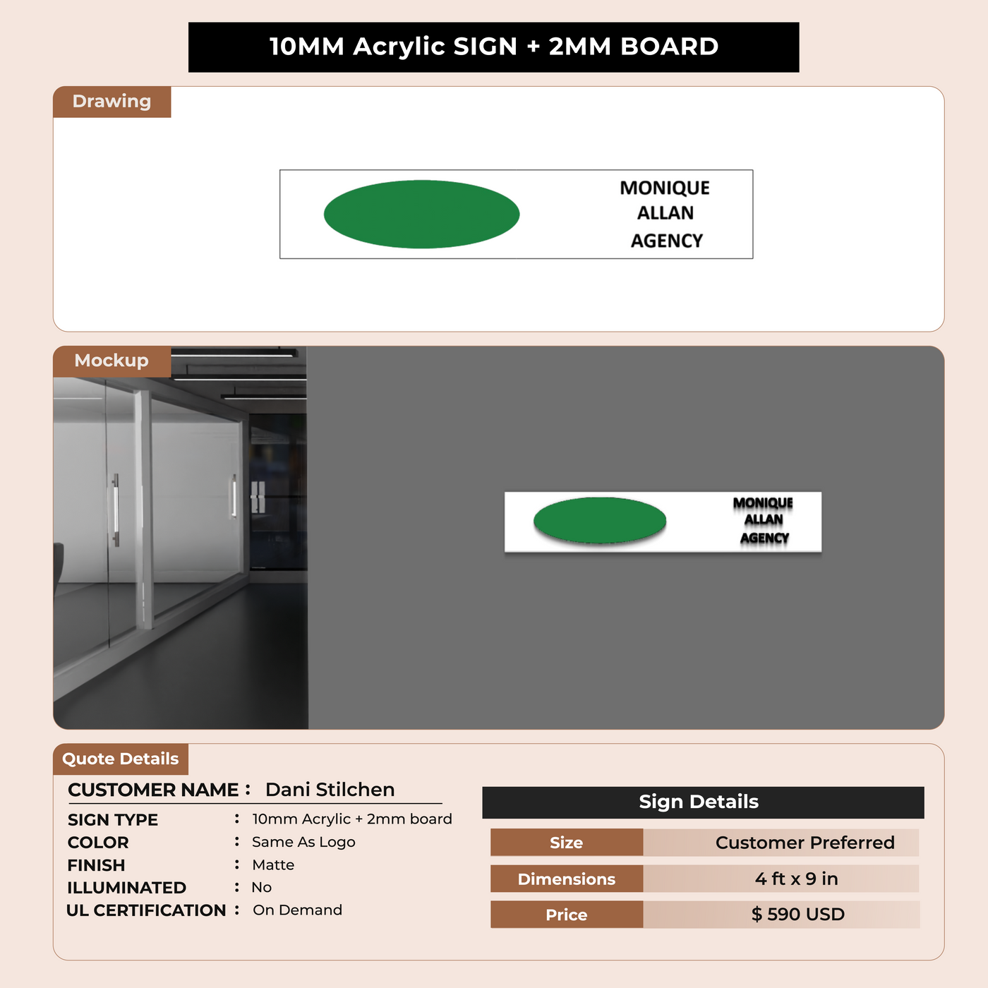 10MM Acrylic+2MM Backing Sign for Dani Stilchen