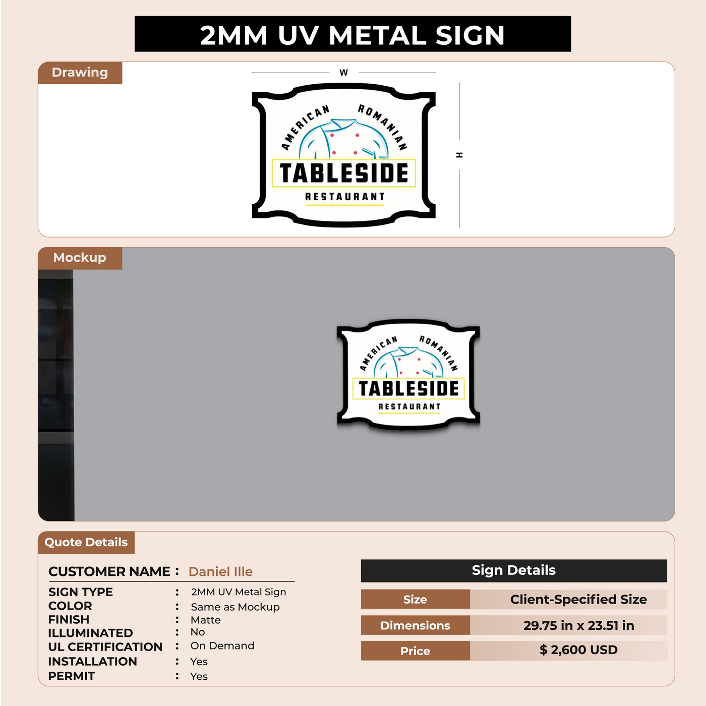 2mm metal pasting sign for Daniel Ille