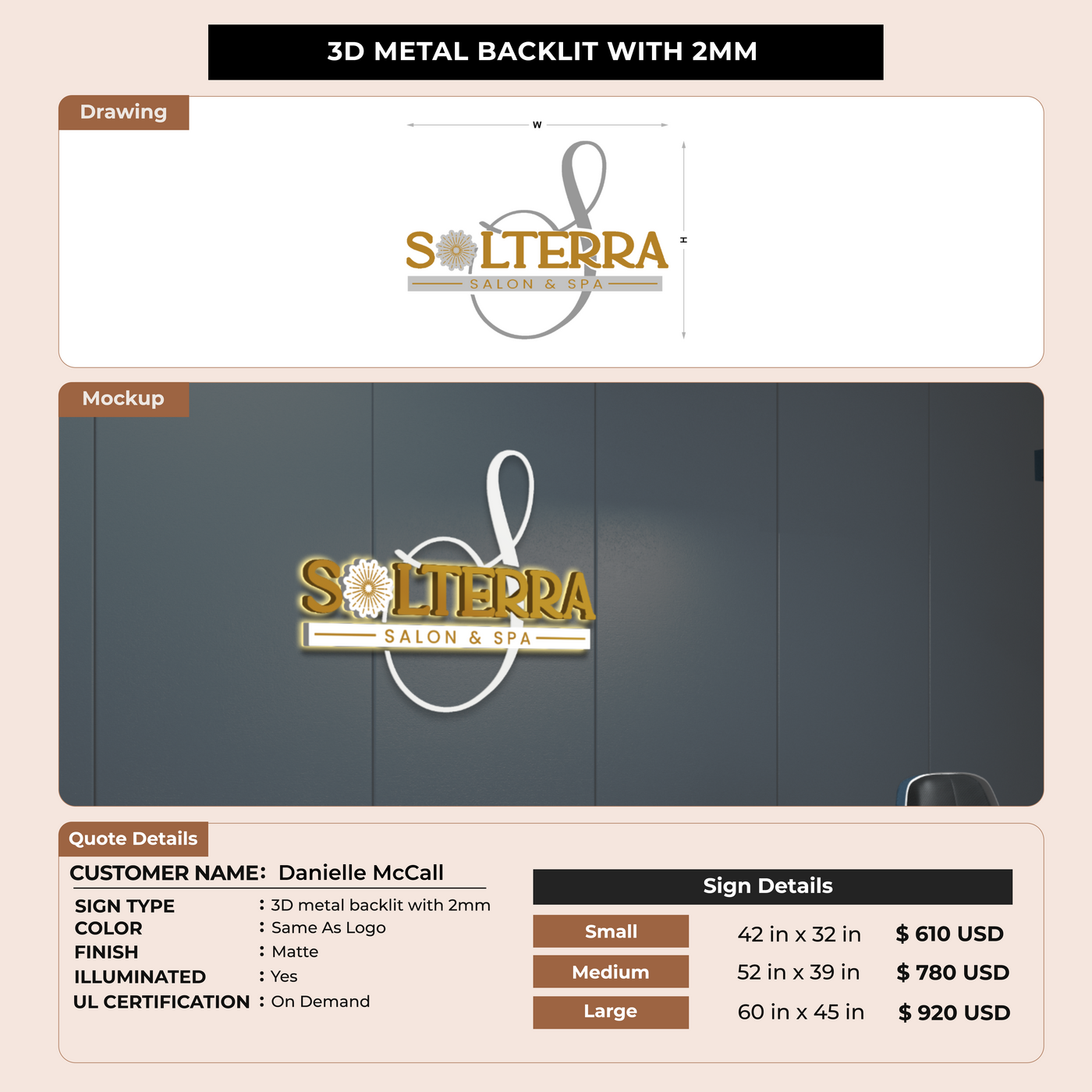3D metal backlit with 2mm Sign for Danielle McCall