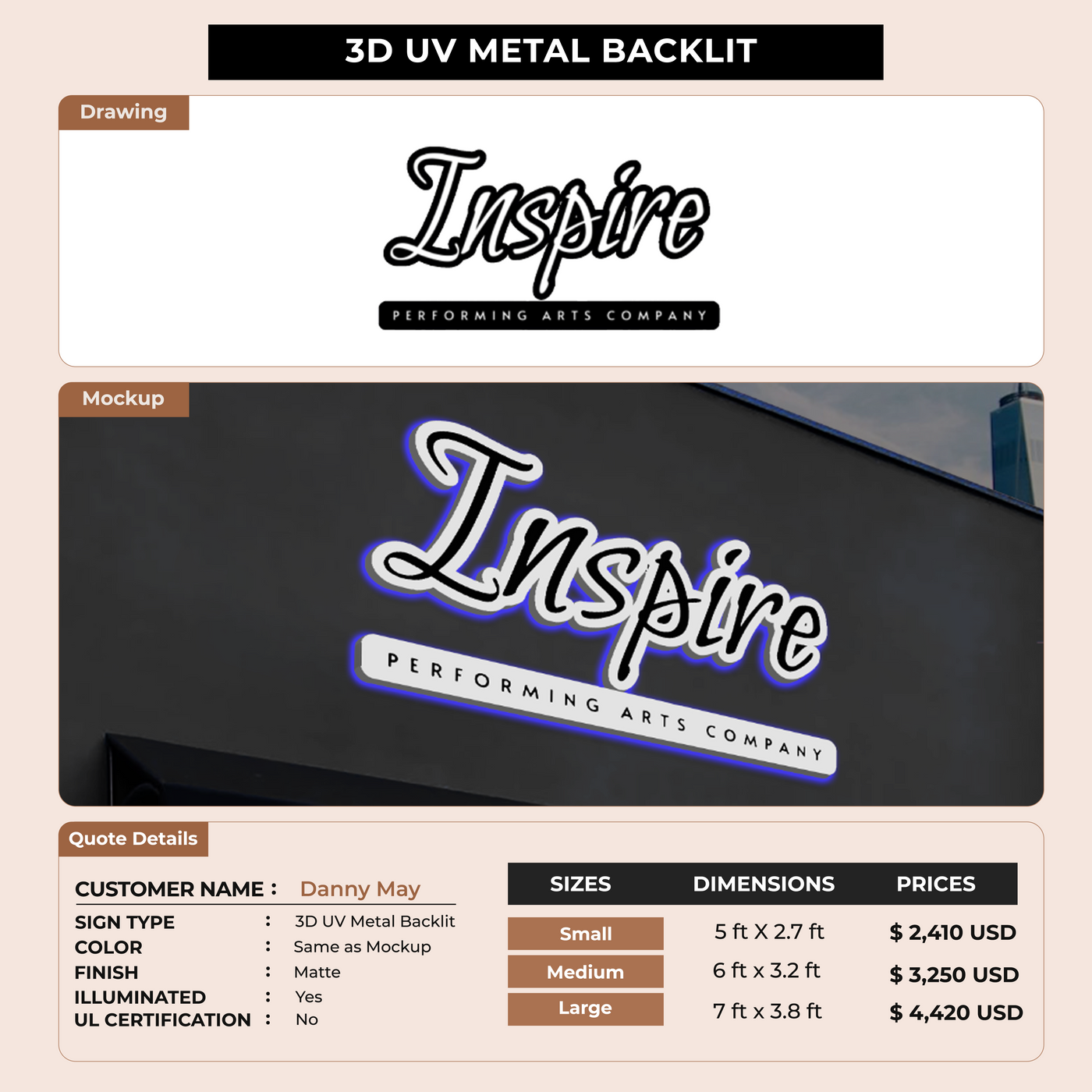3D UV Metal Backlit Signs for Danny May