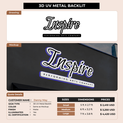 3D UV Metal Backlit Signs for Danny May