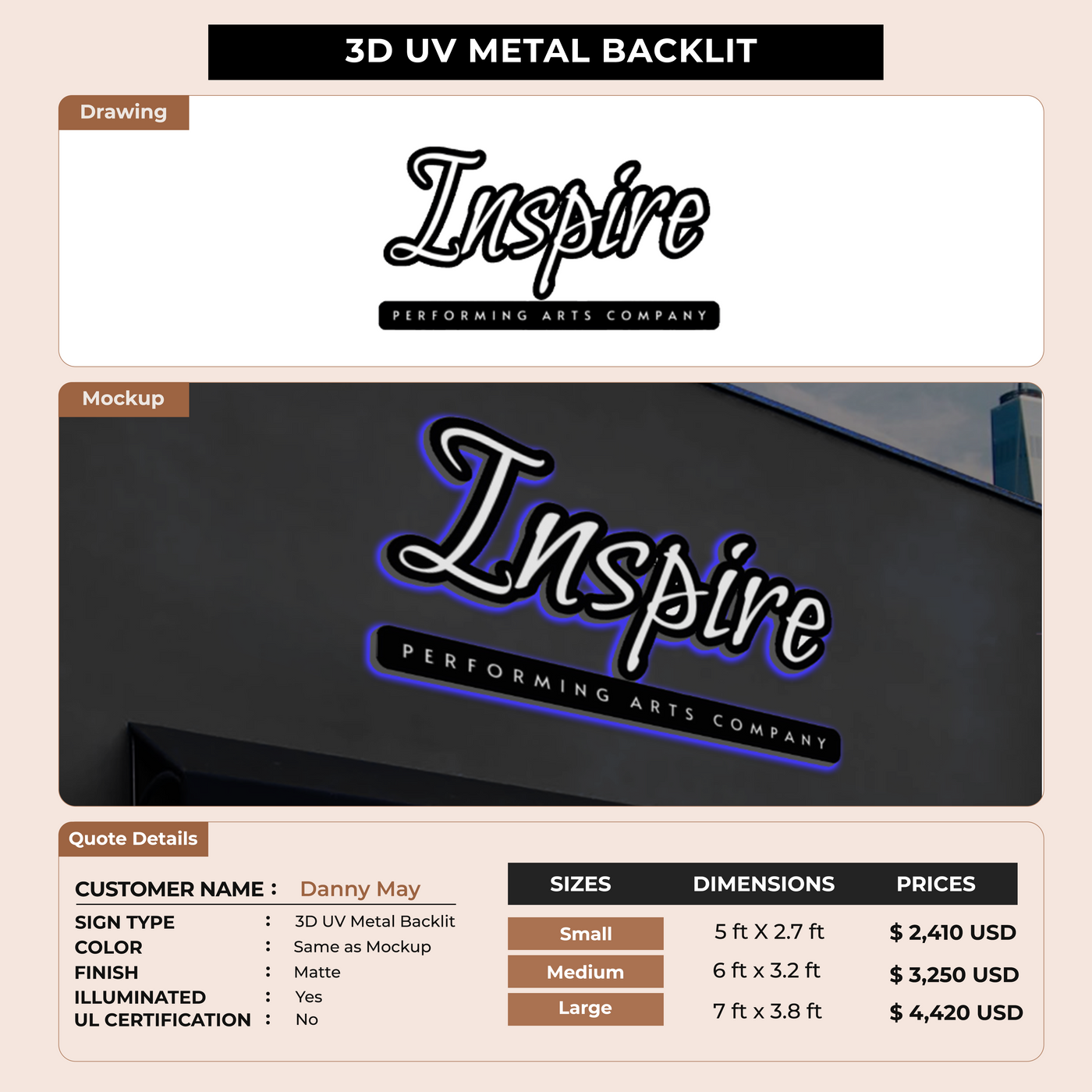 3D UV Metal Backlit Signs for Danny May