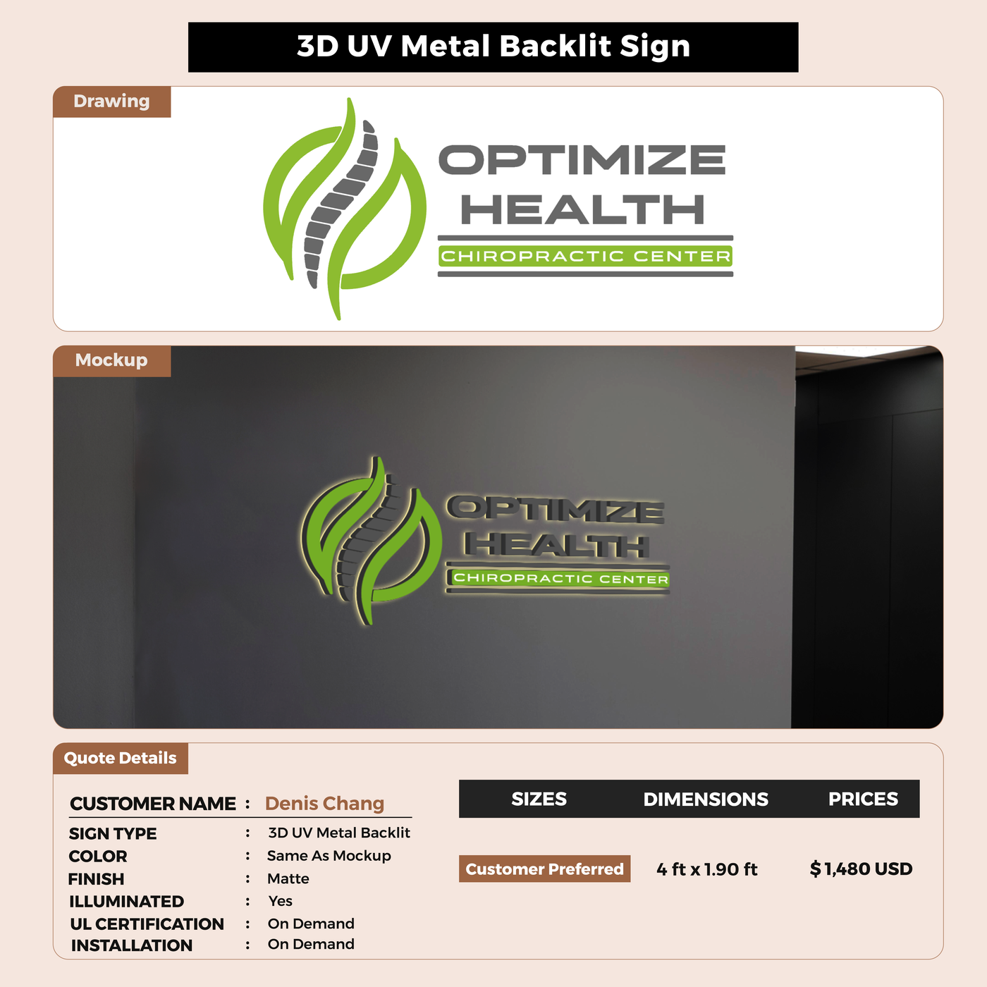 3D UV Metal Backlit Sign for Denis Chang
