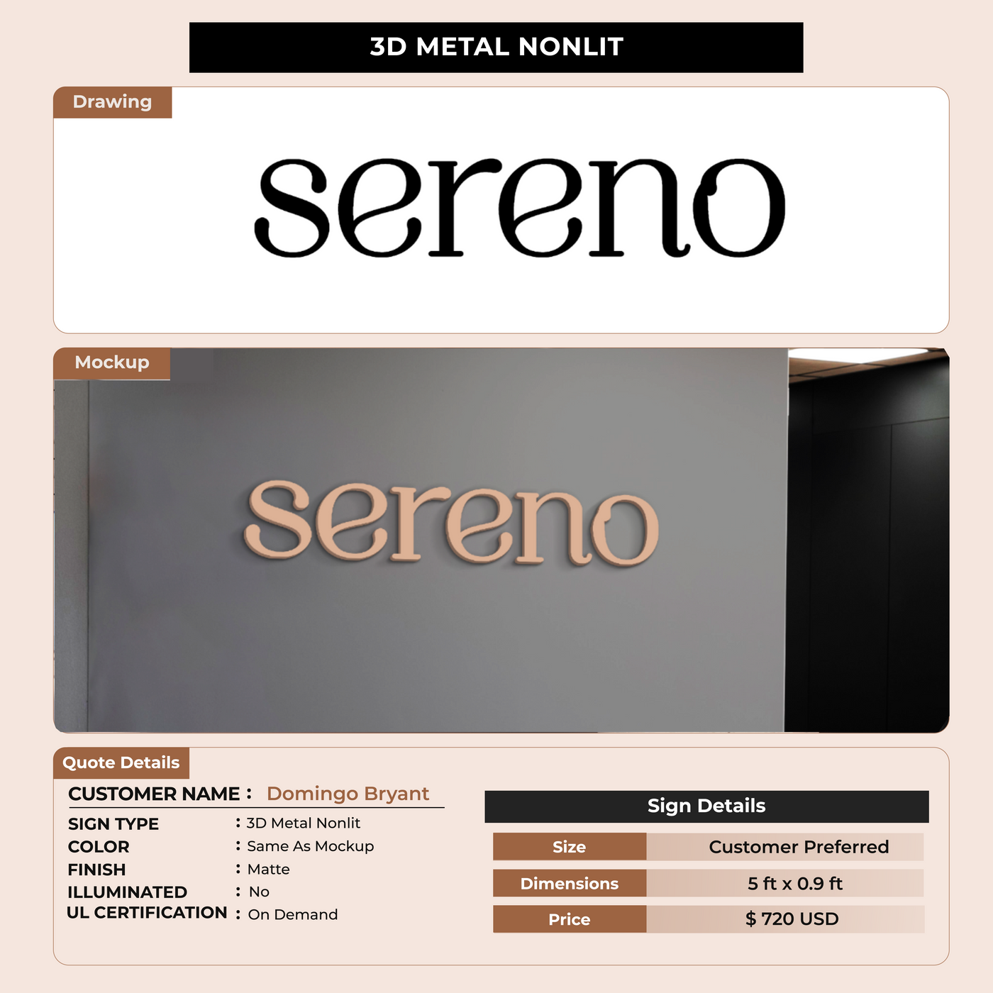 3D metal Non-Lit Sign for Domingo Bryant