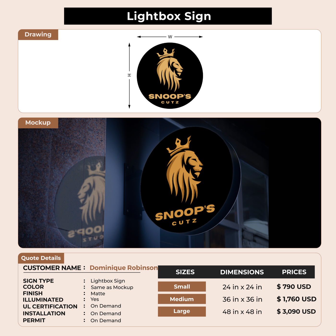 Lightbox sign for Dominique Robinson