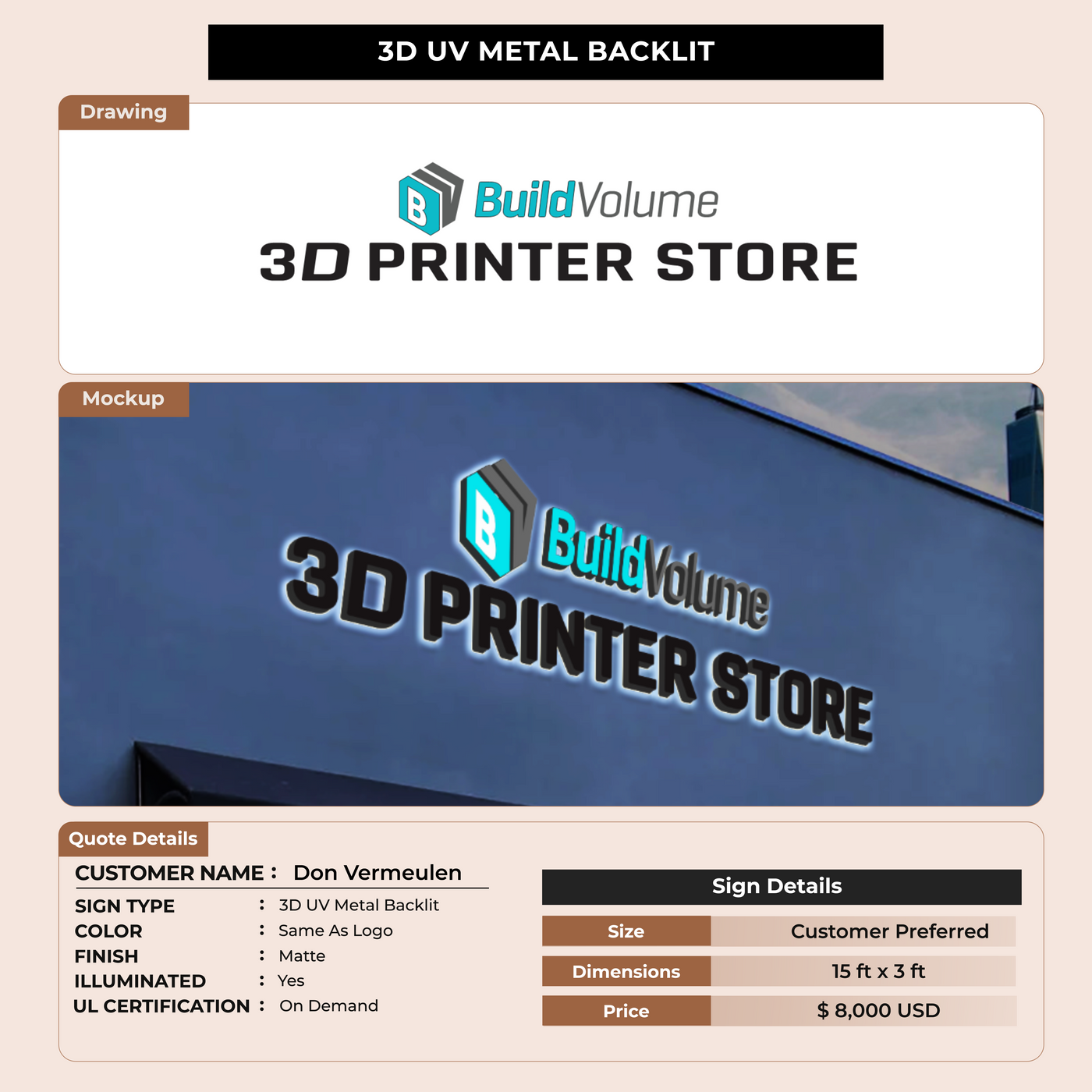 32D UV Metal Back-lit Sign For Don Vermeulen