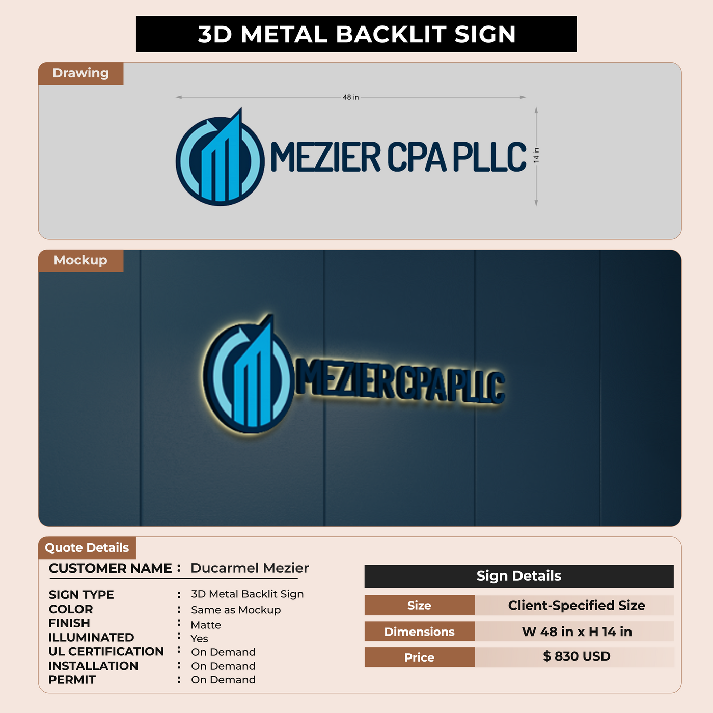 3D Metal Back-lit Sign For Ducarmel Mezier