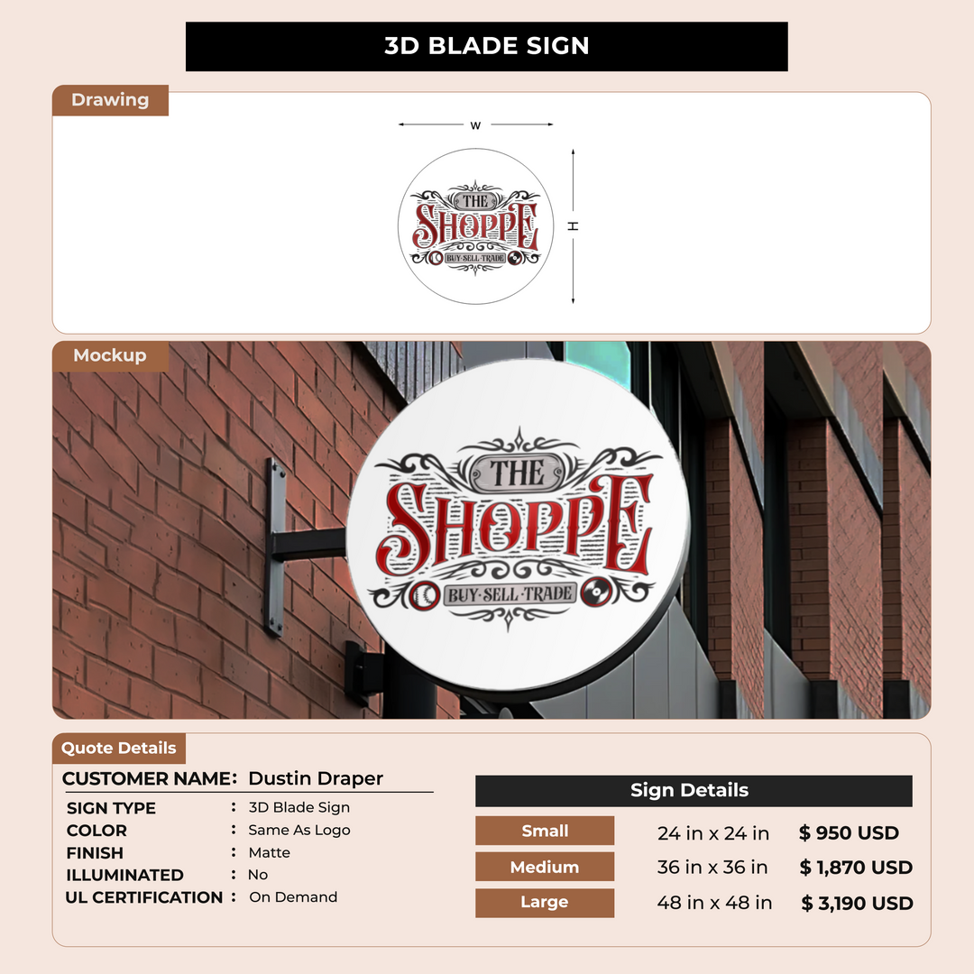 3D Blade Sign For Dustin Draper