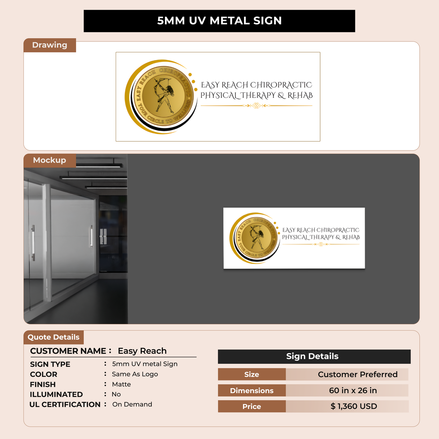 5MM UV Metal Sign for Easy Reach Chiropractic