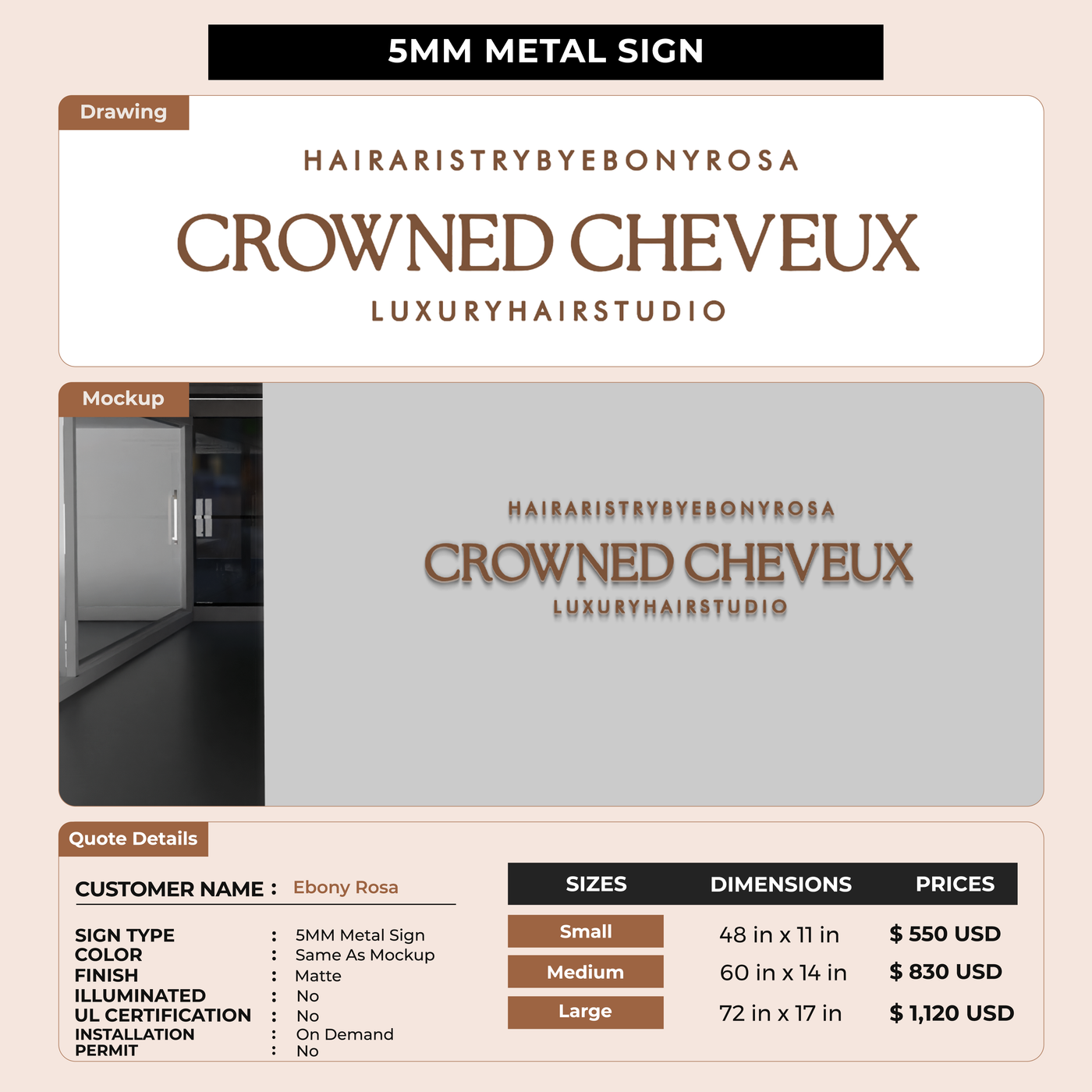 5mm metal sign for Ebony Rosa