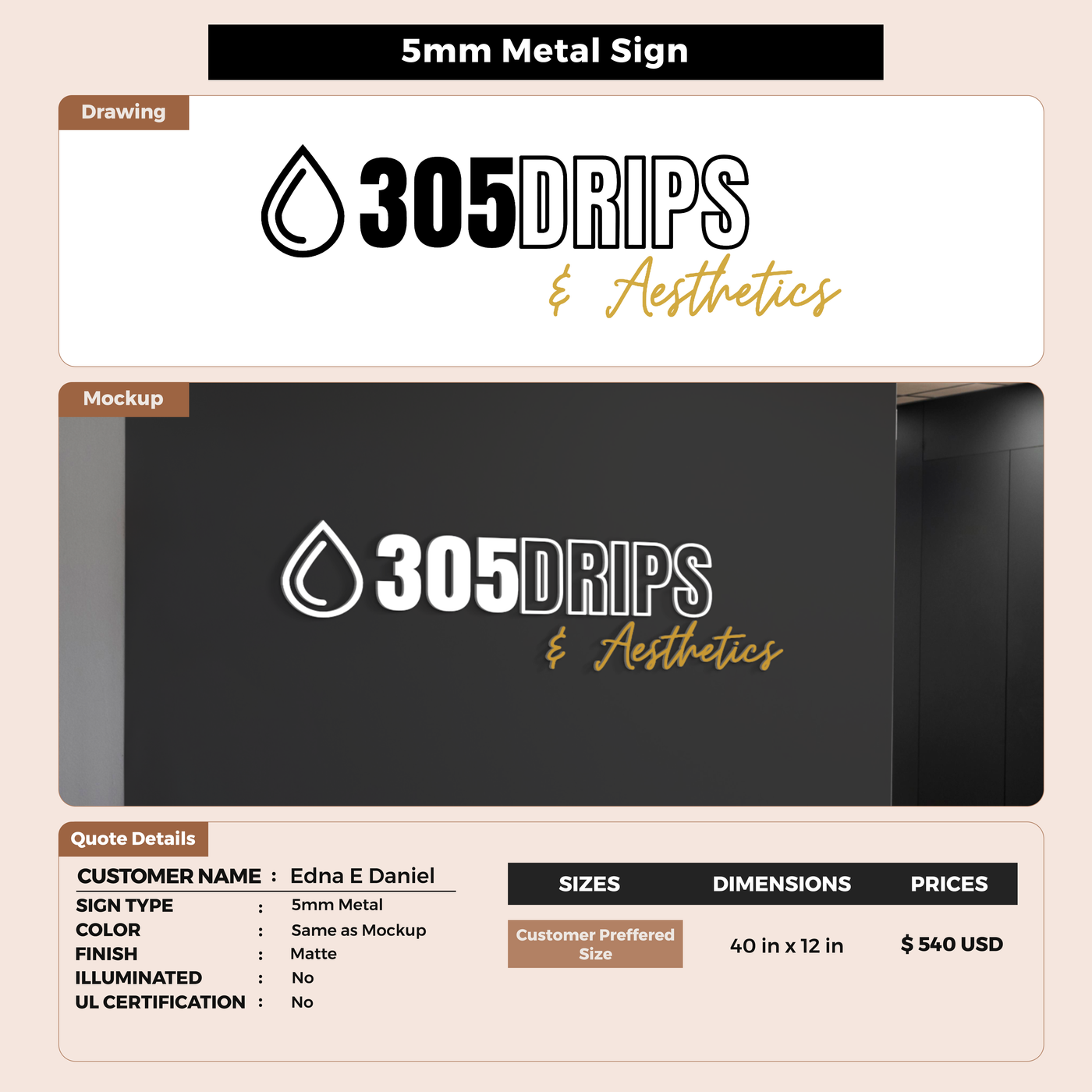 5mm Metal Letters Sign for Edna E Daniel