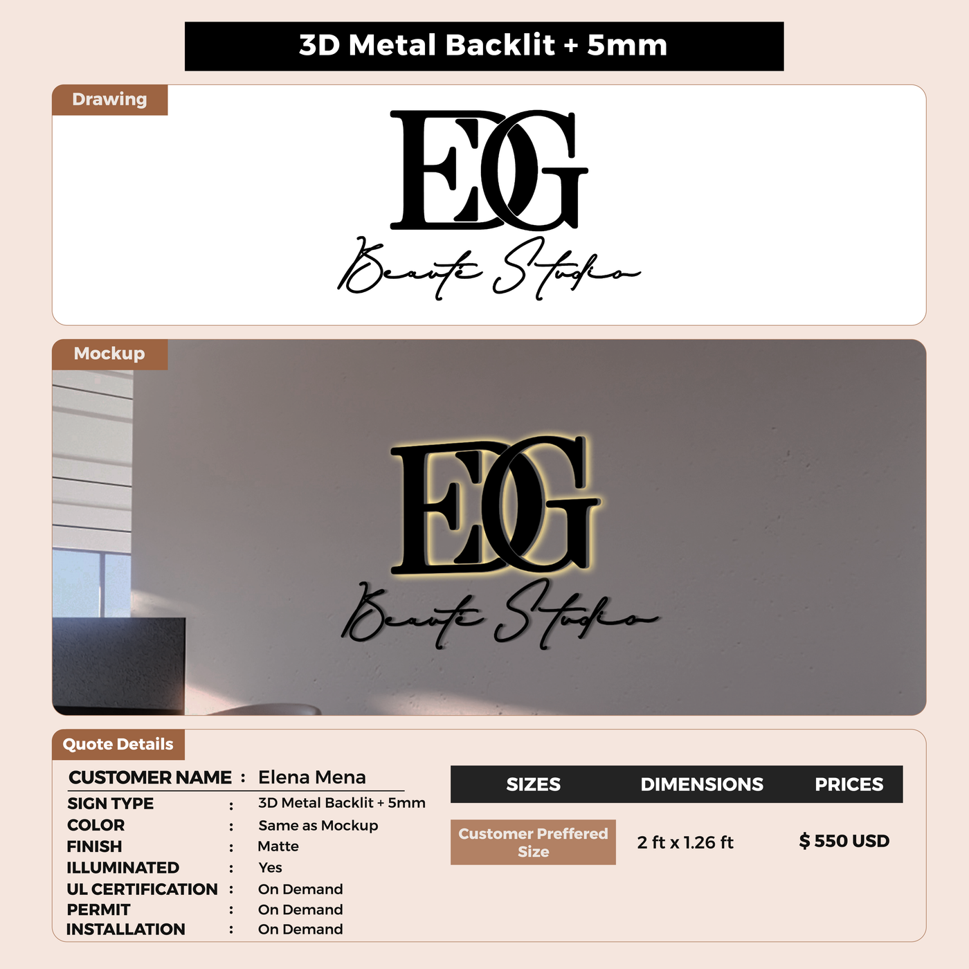 3D Metal Backlit Signs for Elena Mena