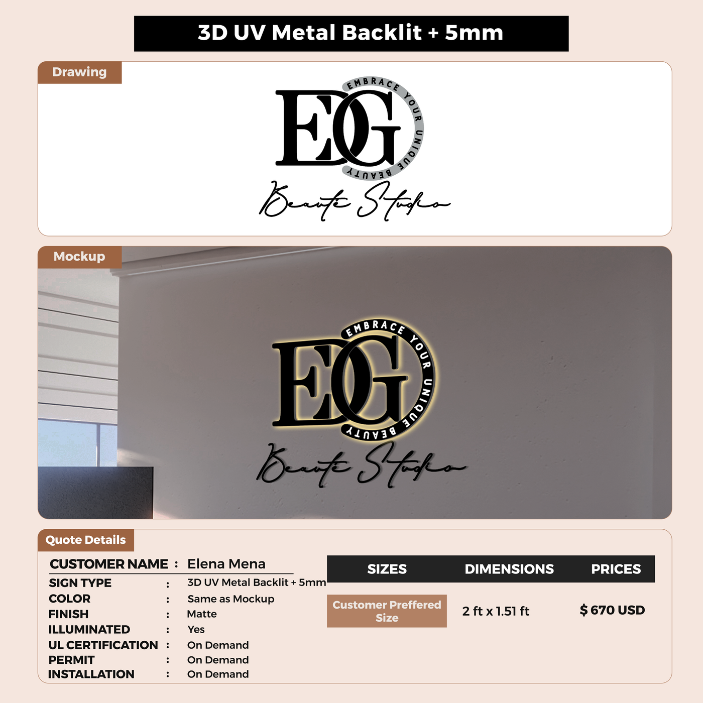 3D Metal Backlit Signs for Elena Mena