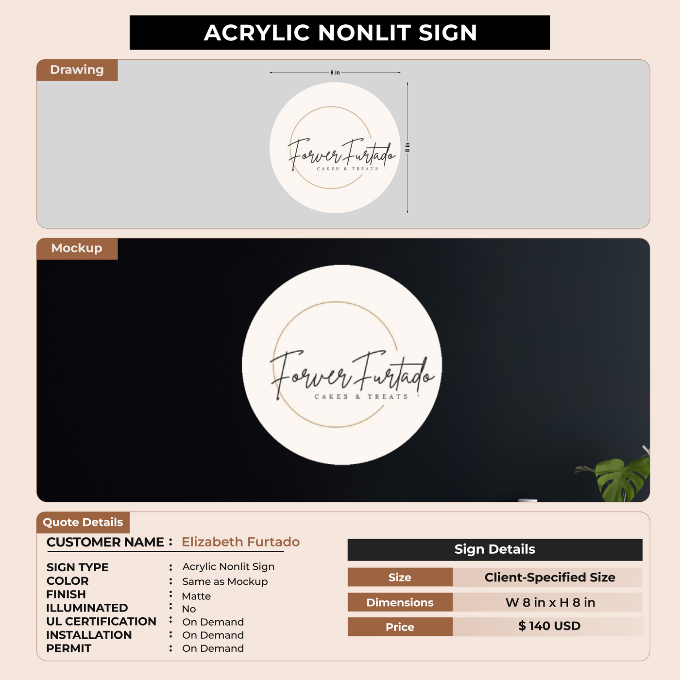 Acrylic non-lit sign for Elizabeth Furtado