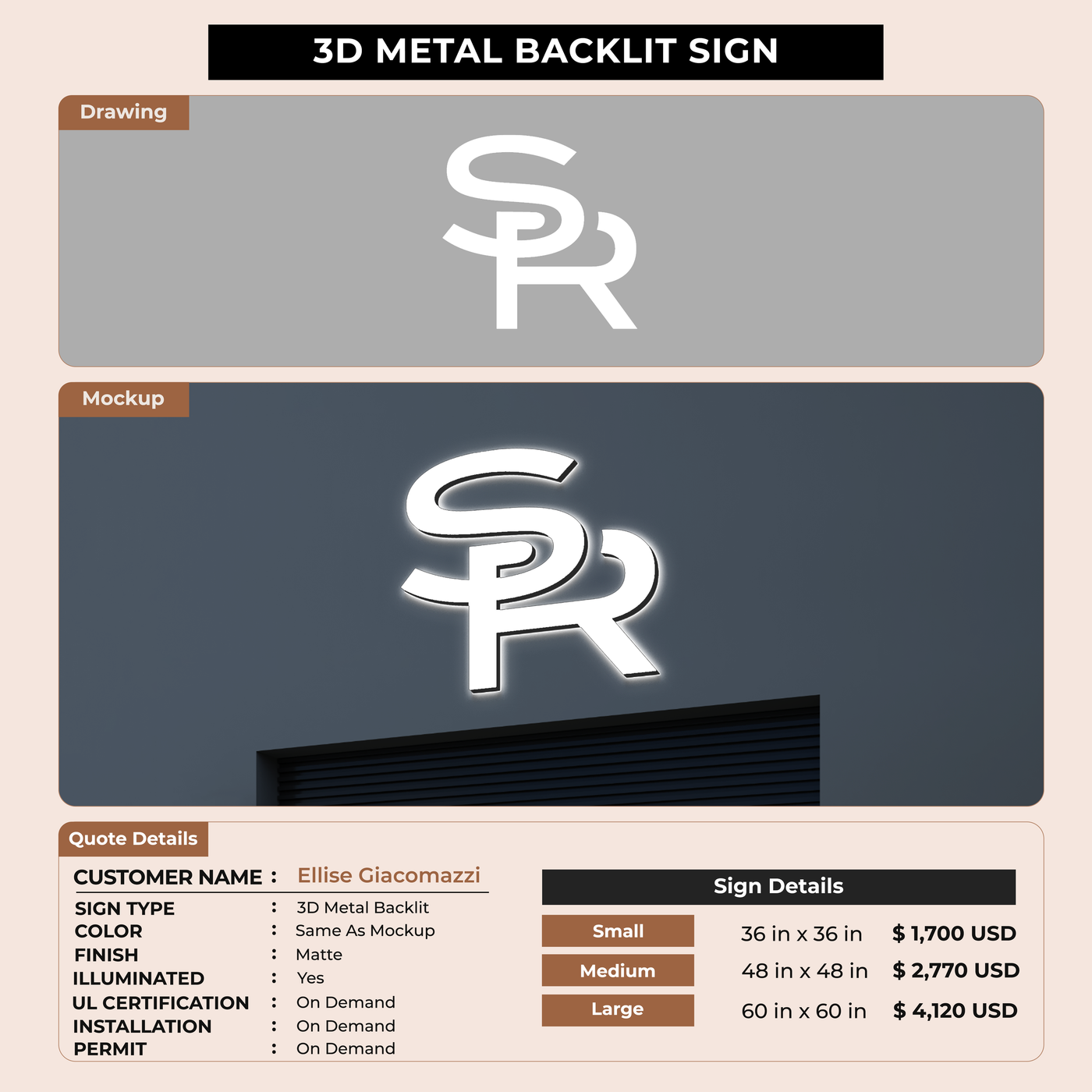 3D Metal Backlit Sign for Ellise Giacomazzi