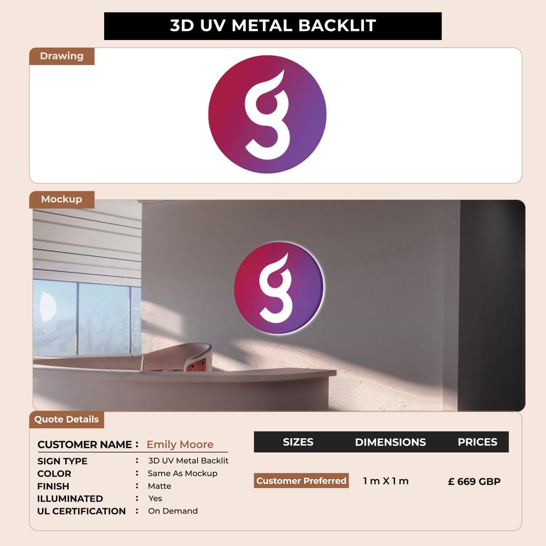 3D UV Metal backlit Sign for Emily Moore